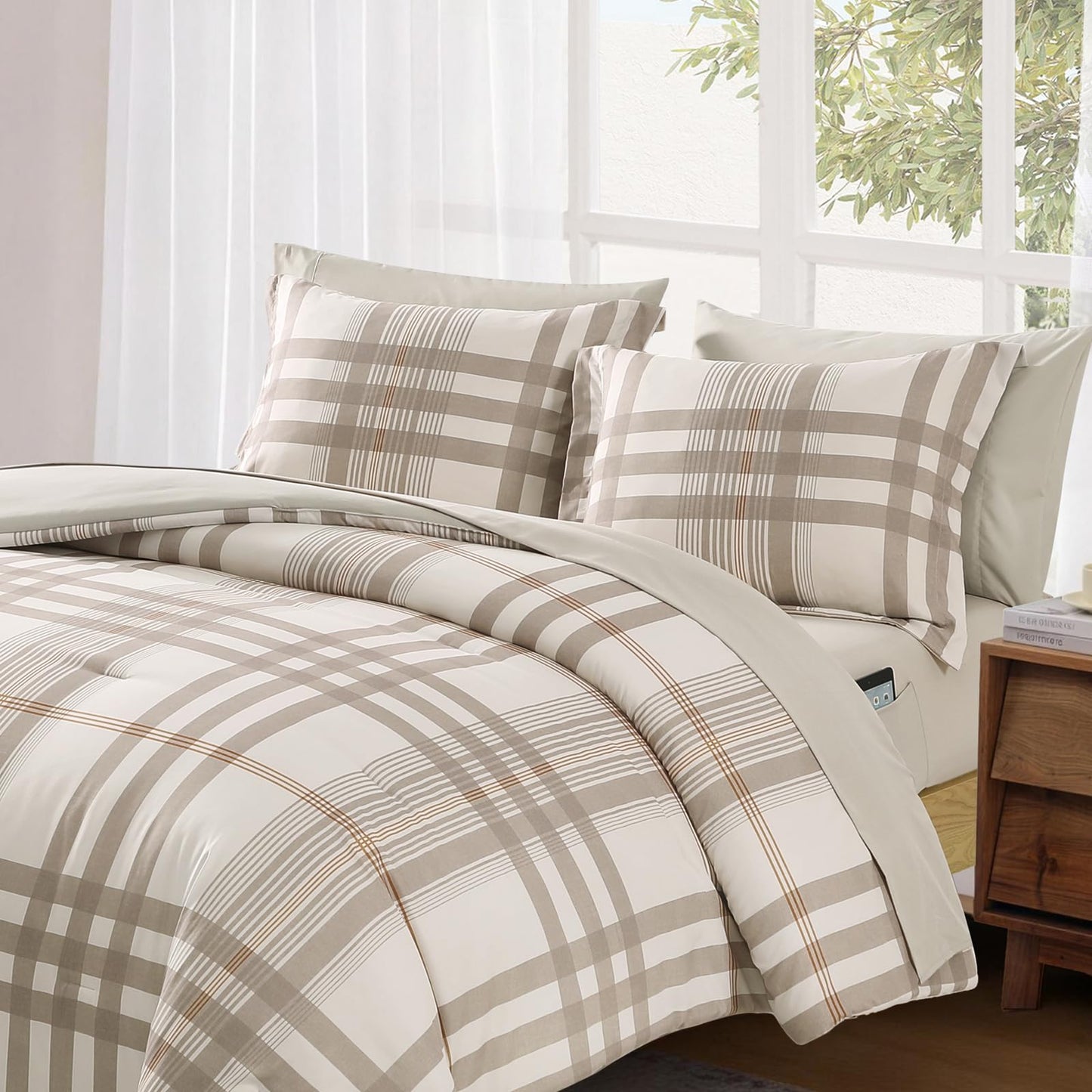 MaiRêve Queen Comforter Set Brown Grey, Classic Plaid Farmhouse Bedding Sets 7 Pieces, All Season Lightweight Bed in a Bag with Sheets, Pillowcases & Shams