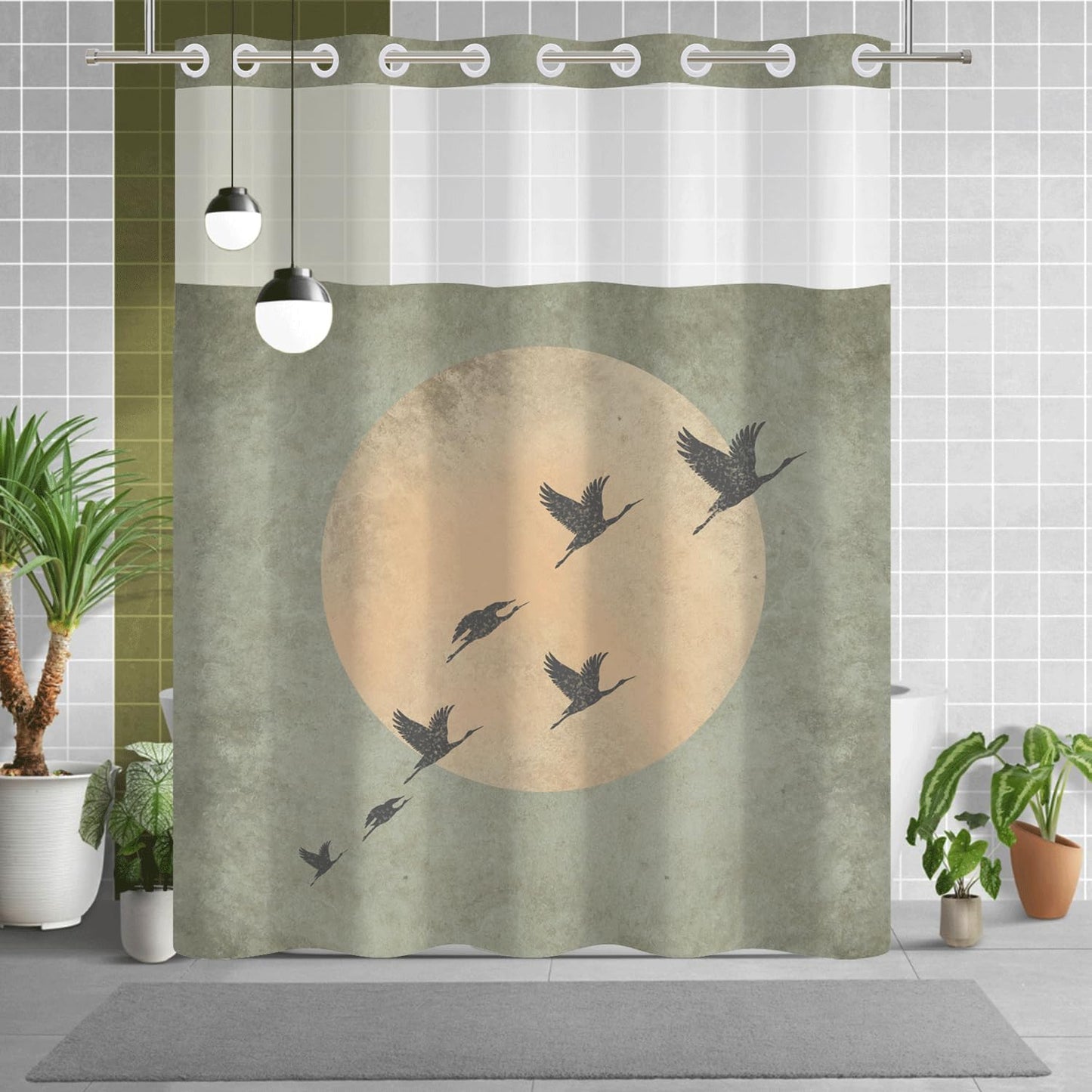 NAEMBCU No Hook Shower Curtain with Snap in Liner, Zen Moon and Crane Silhouette Print - Waterproof Double Layer Bath Tub Curtain with Mesh Top for Japandi Wabi Sabi Bathroom Decor, 71W x 74H