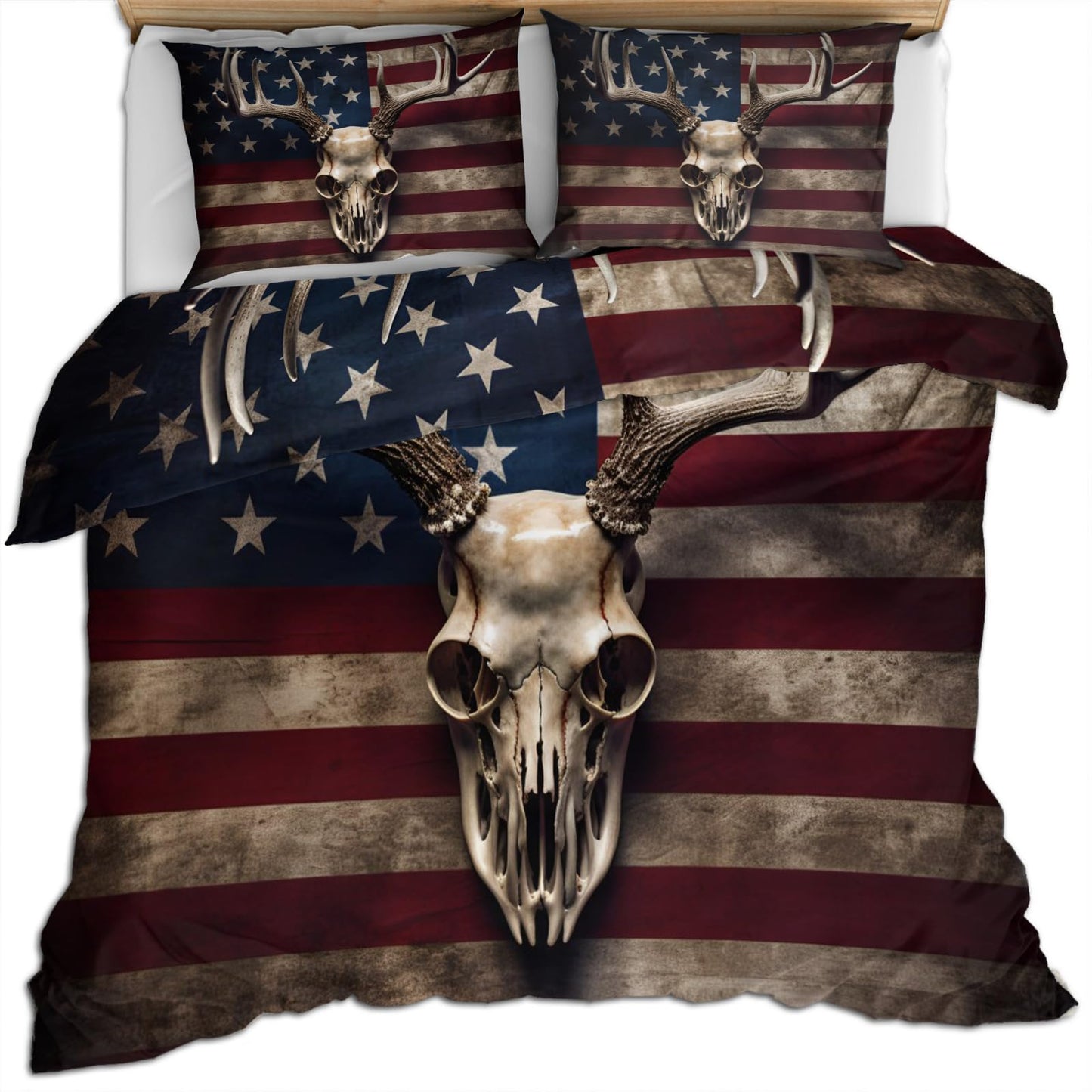 PAISUOQ Gothic Skull Duvet Cover Queen Size - American Flag Home Decor & Gifts, 3 Piece Back to School Dorm Bedding, Easy Care Microfiber Comforter Cover & Pillowcases, Rustic