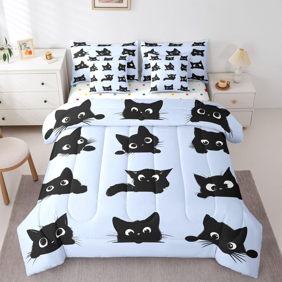 Erosebridal Cute Cat 7-Piece Bedding Set Full Size for Kids Boys Girls (Black and Blue) - Funny Black Cats Bed in a Bag Cartoon Kitten Animal Comforter Set with Sheets Cute Cat Duvet Insert