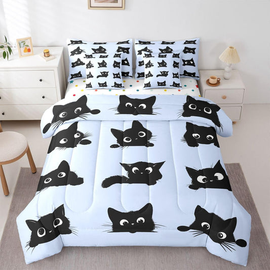 Erosebridal Cute Cat 7-Piece Bedding Set Full Size for Kids Boys Girls (Black and Blue) - Funny Black Cats Bed in a Bag Cartoon Kitten Animal Comforter Set with Sheets Cute Cat Duvet Insert