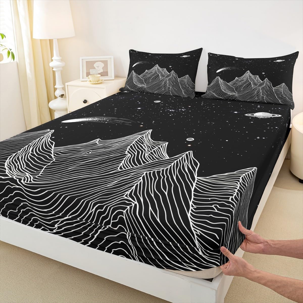 Homewish Mountain Fitted Sheet,Full Size Starry Sky Collections Boho Galaxy Theme,Soft Decorative Fabric Bedding Deep Pocket for Children Teens Young Boys Girls,with 2 Pillowcases