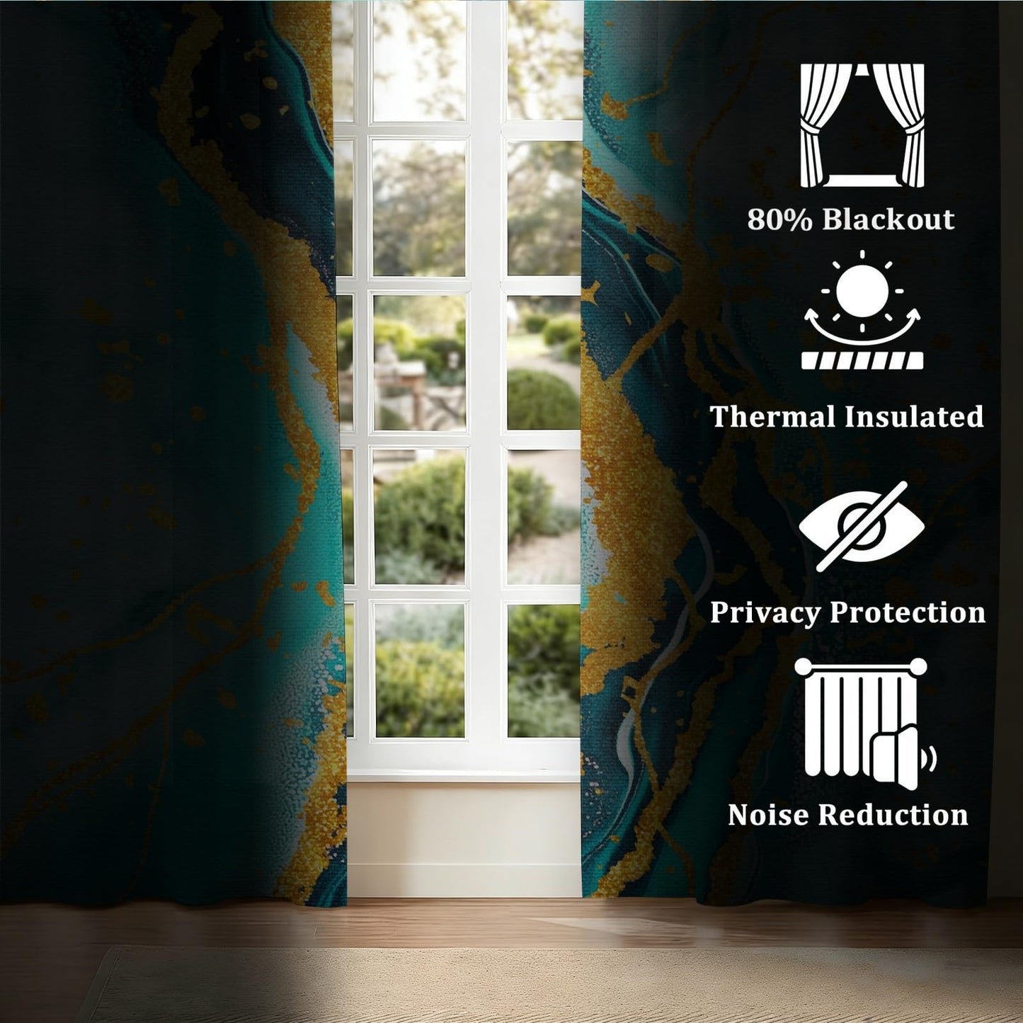 Luxury Teal and Gold Blackout Curtains for Bedroom, Abstract Turquoise Marble Art 3D Printed Drapes, Thermal Insulated Grommet Room Darkening Curtains for Living Room, 42" W x 84" L (Pack of 2)