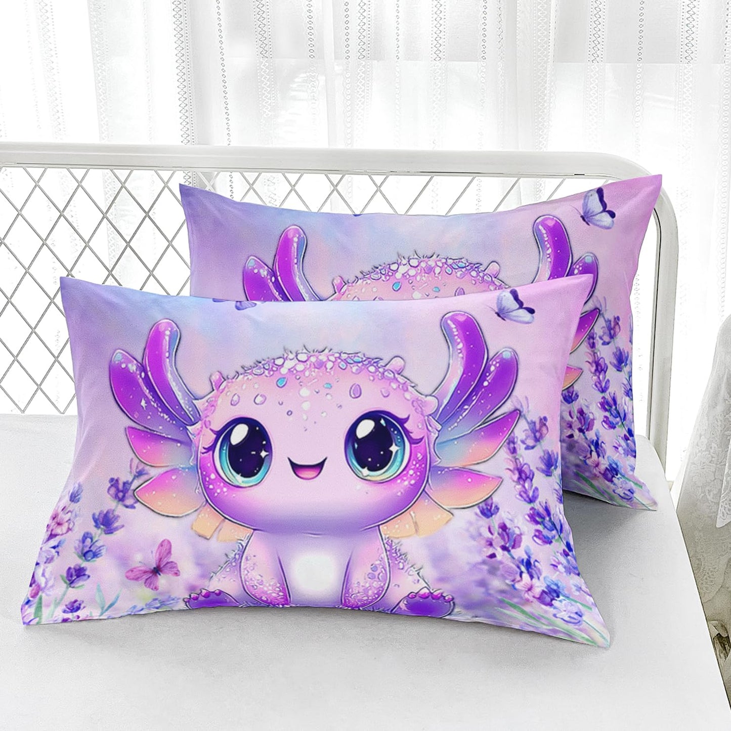 AILONEN Cartoon Axolotl Fitted Sheet Set Twin,Purple Axolotl Bed Sheet Set,Cute Lavender Butterfly Axolotl Bedding Sheet for Kids,Kawaii Ocean Animal Axolotl Fitted Sheet with 2 Pillowcases,3Pcs