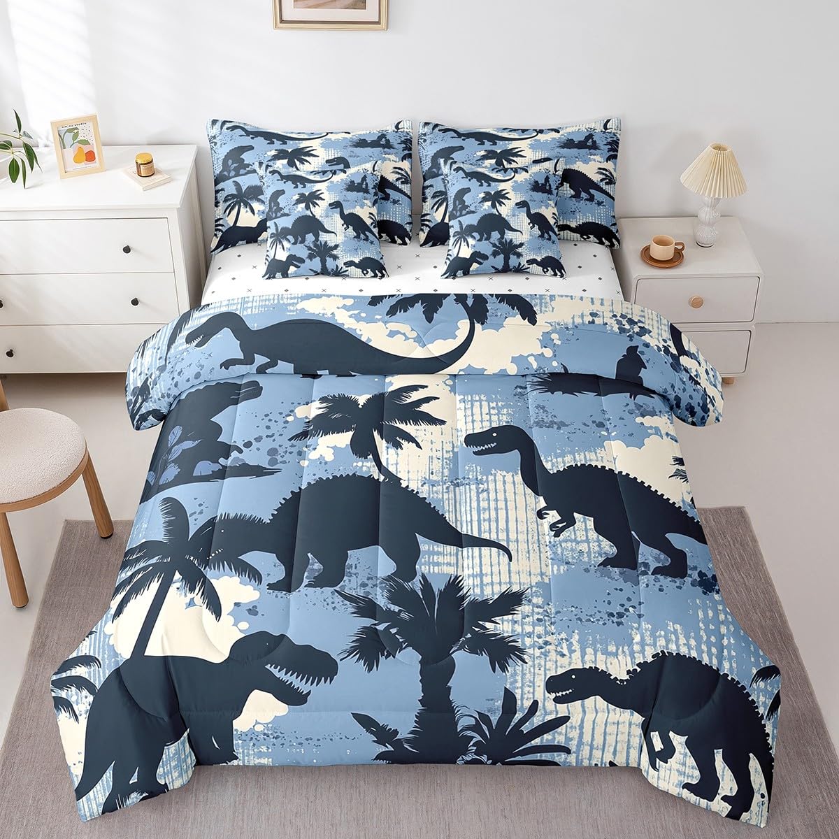 Erosebridal Dinosaur Comforter Set 7 Piece Bed in a Bag Twin,Camouflage Blue Bedding Sets Abstract Dino Sheet Set with Comforter,Jungle Wildlife Wild Animals Bed Set