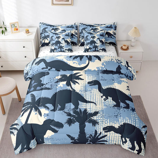 Erosebridal Dinosaur Comforter Set 7 Piece Bed in a Bag Twin,Camouflage Blue Bedding Sets Abstract Dino Sheet Set with Comforter,Jungle Wildlife Wild Animals Bed Set