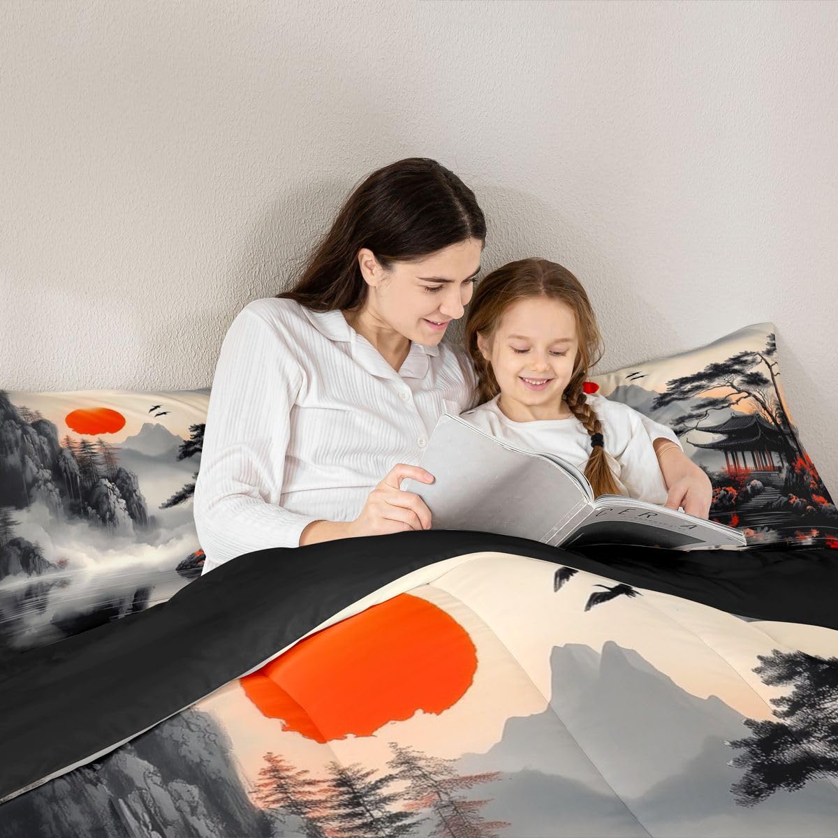 jejeloiu Chinese Ink Painting Comforter Set Queen Size Japanese Style Bedding Set for Kids Boys Girls Red Sun Mountain Duvet Quilt Bedroom Decor Microfiber 3 Pcs with 2 Pillow Cases
