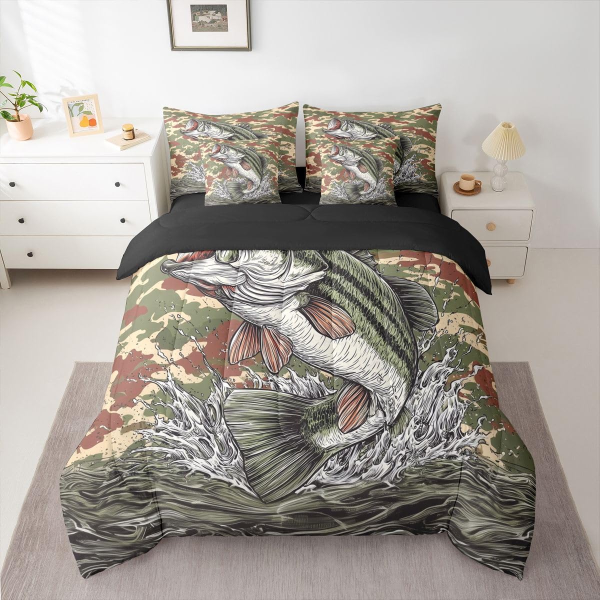 Erosebridal Fish Camo 7-Piece Bed in a Bag Full Size Camo Hunting and Fishing Bedding Set for Kids Boys Teens - Bass Fish Comforter Set with Sheets Camouflage Fishing and Hunting Duvet Insert