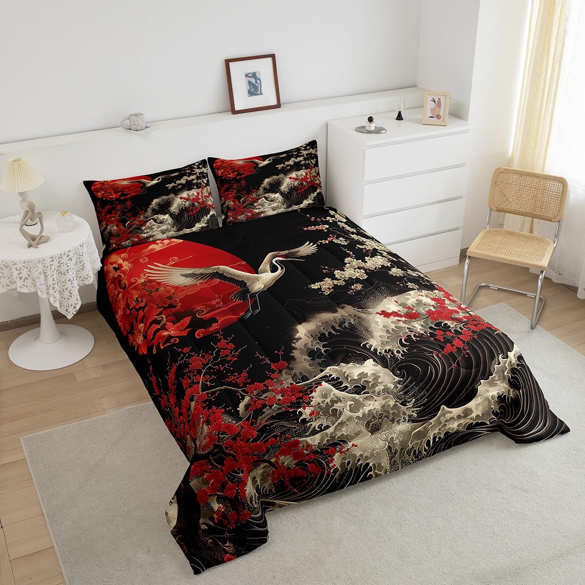 Erosebridal Oriental Cherry Blossoms Bedding Full Size Japanese Asian Print Comforter Set Full, Black and Red Duvet Insert Chic Crane Quilt Comforter, Ocean Waves Bedding Comforters & Sets