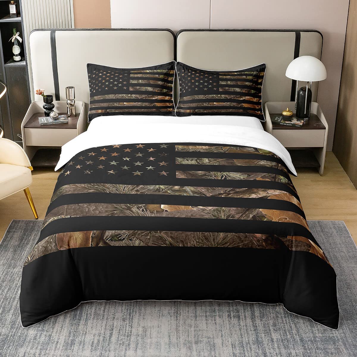 100% Cotton American Flag Camo Bedding Set Queen,Military Hunting Comforter Cover Rustic Trees Leaves Camouflage Duvet Cover For Boys Teens Kids Man Nature Conifer Oak Branches Quilt Cover