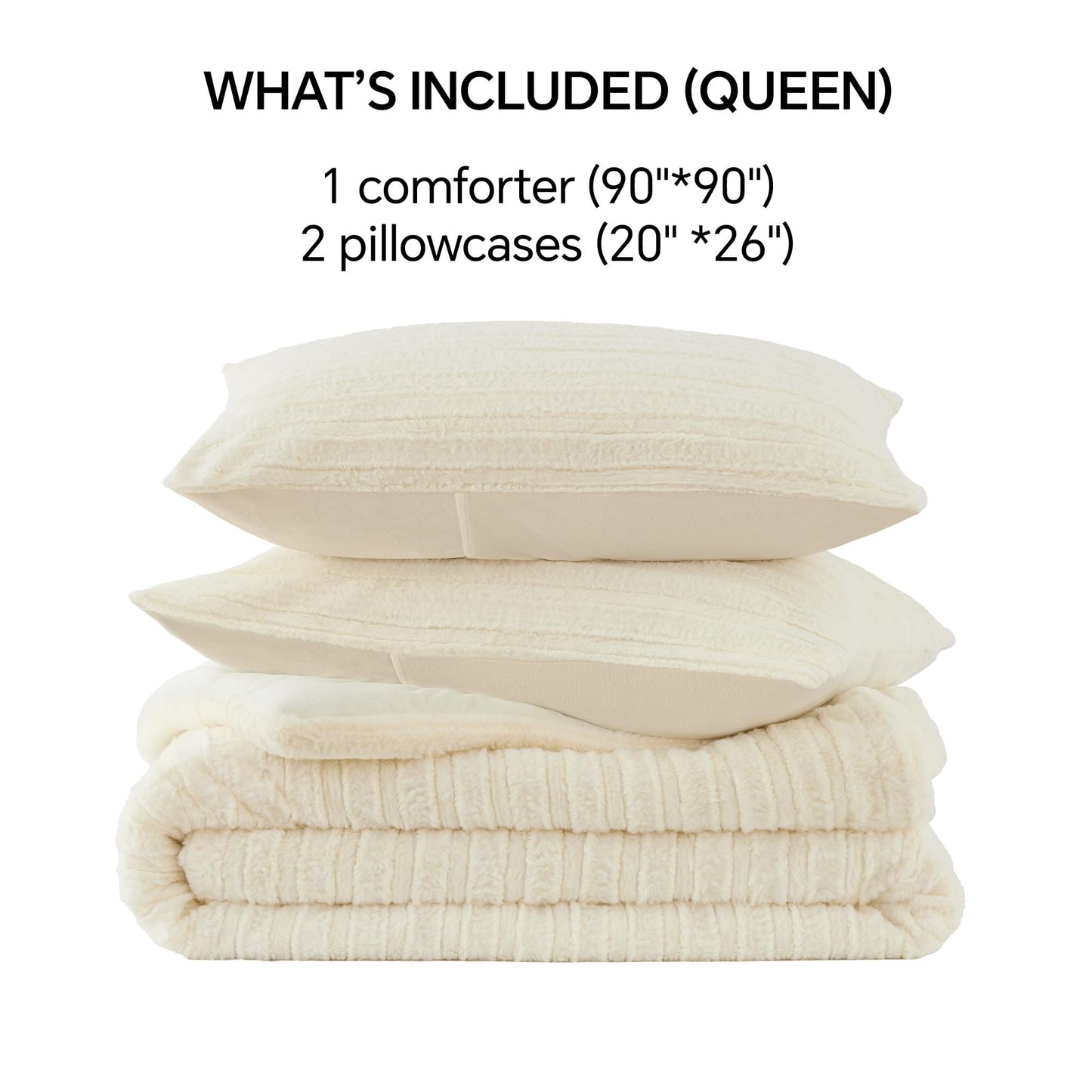 BEDELITE Fleece Queen Comforter Set -Super Soft & Warm Fluffy Cream White Faux Fur Bedding, Luxury Fuzzy Heavy Bed Set for Winter with 2 Pillow Cases