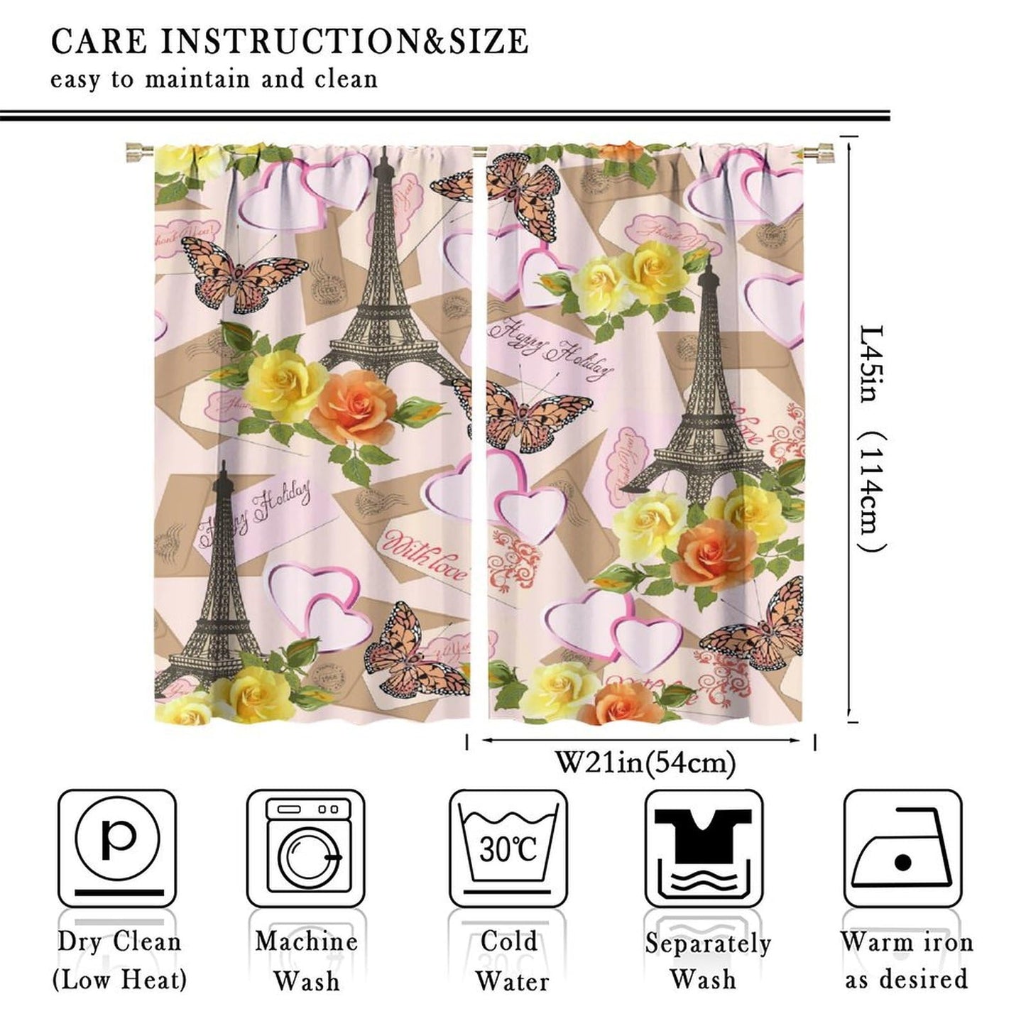 Focusbrite Paris Eiffel Tower Curtains Retro Flowers Butterfly Vintage Tower Pattern Blackout Print Rod Pocket Window Drapes for Bedroom Living Room Set 2 Panels,42x45 Inches
