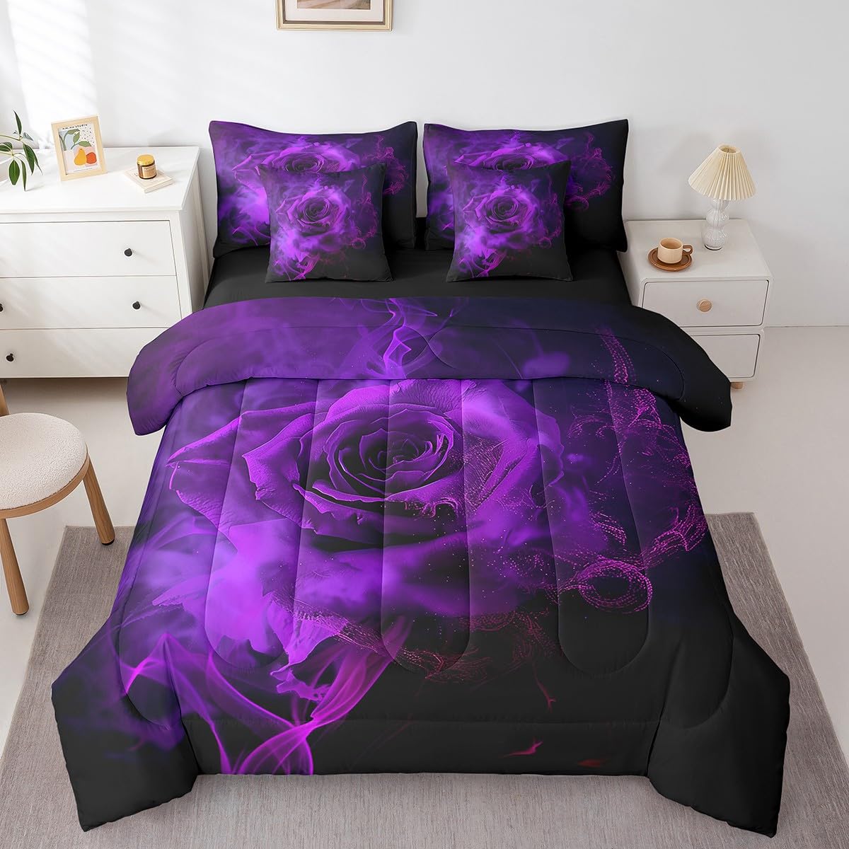 Erosebridal Purple Rose Floral 7 Pcs Comforter Set Full,Ombre Rose Black Gray Bedding Set,Valentine's Day Bed in a Bag,Trippy Botanical Flower Blossom Sheet Set Romantic Bedroom Decor