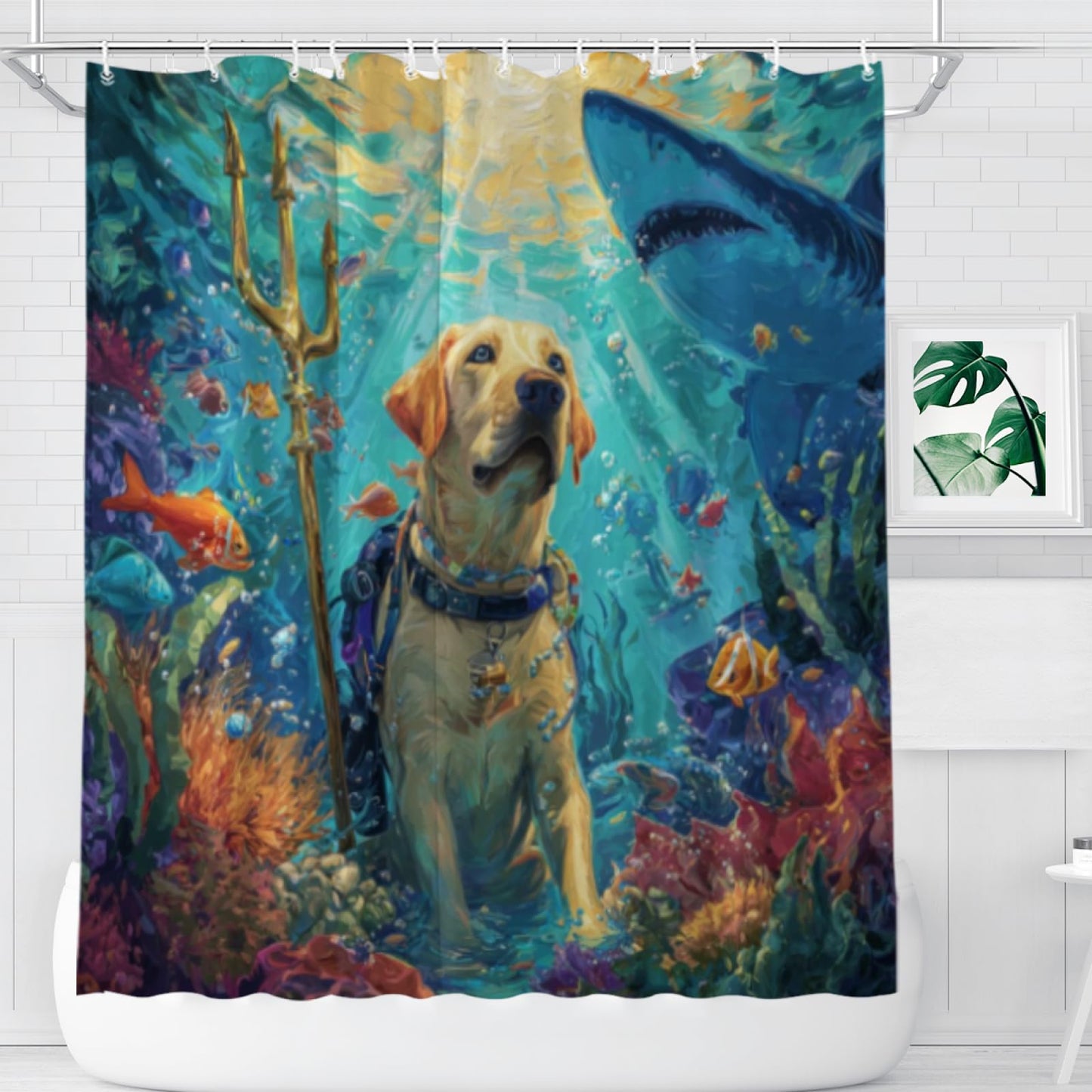 Wordatu Cute Labrador Retriever Shower Curtain for Bathroom Decor Ocean Shark Funny Animal and Child Fabric Waterproof Polyester 12 Hooks 72x72 Inches