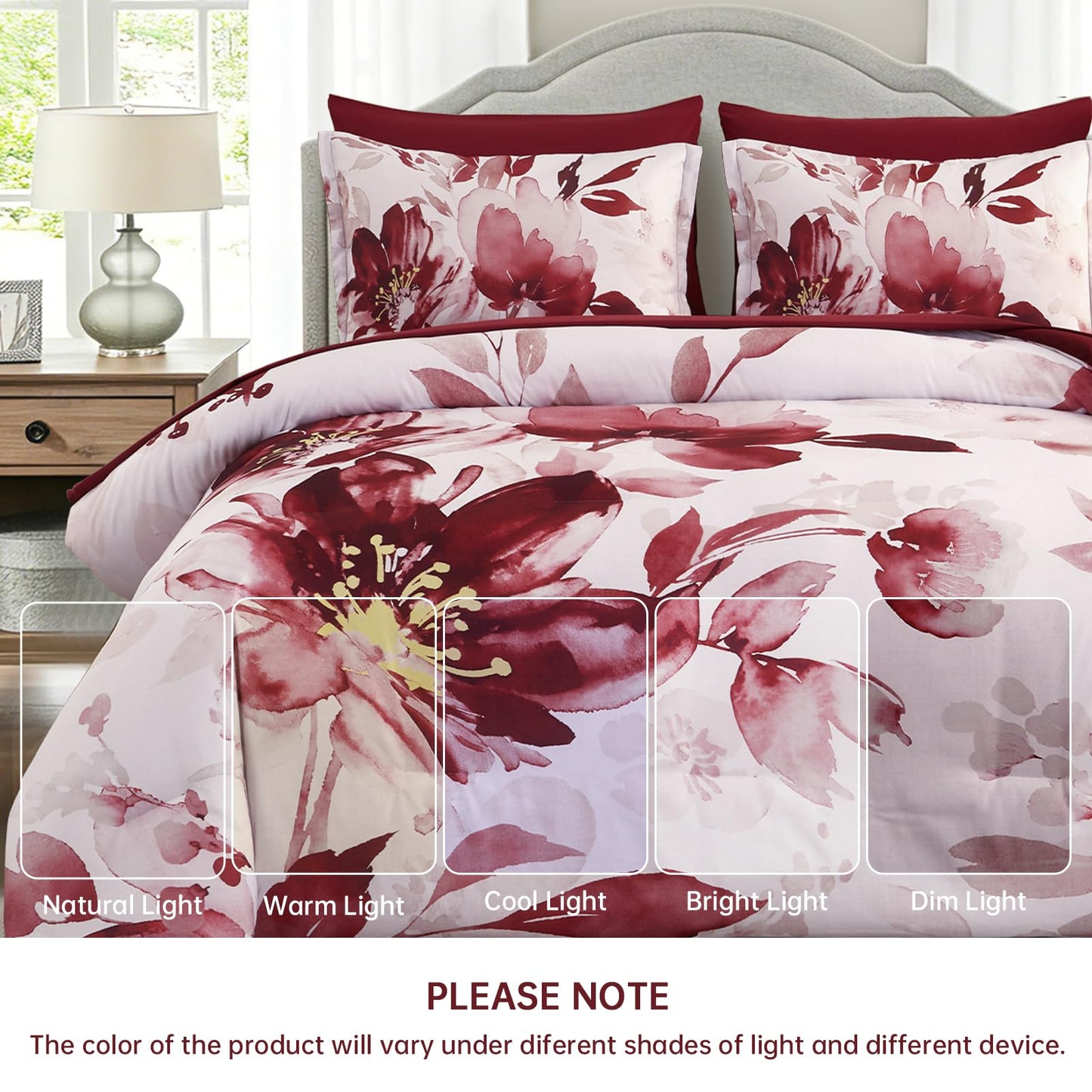 Luxudecor Floral Comforter Set Queen Size, 7 Piece Burgundy Flower Set Bed in a Bag,Soft Microfiber Farmhouse Shabby Chic Bedding Set for All Seasons(90"x90")