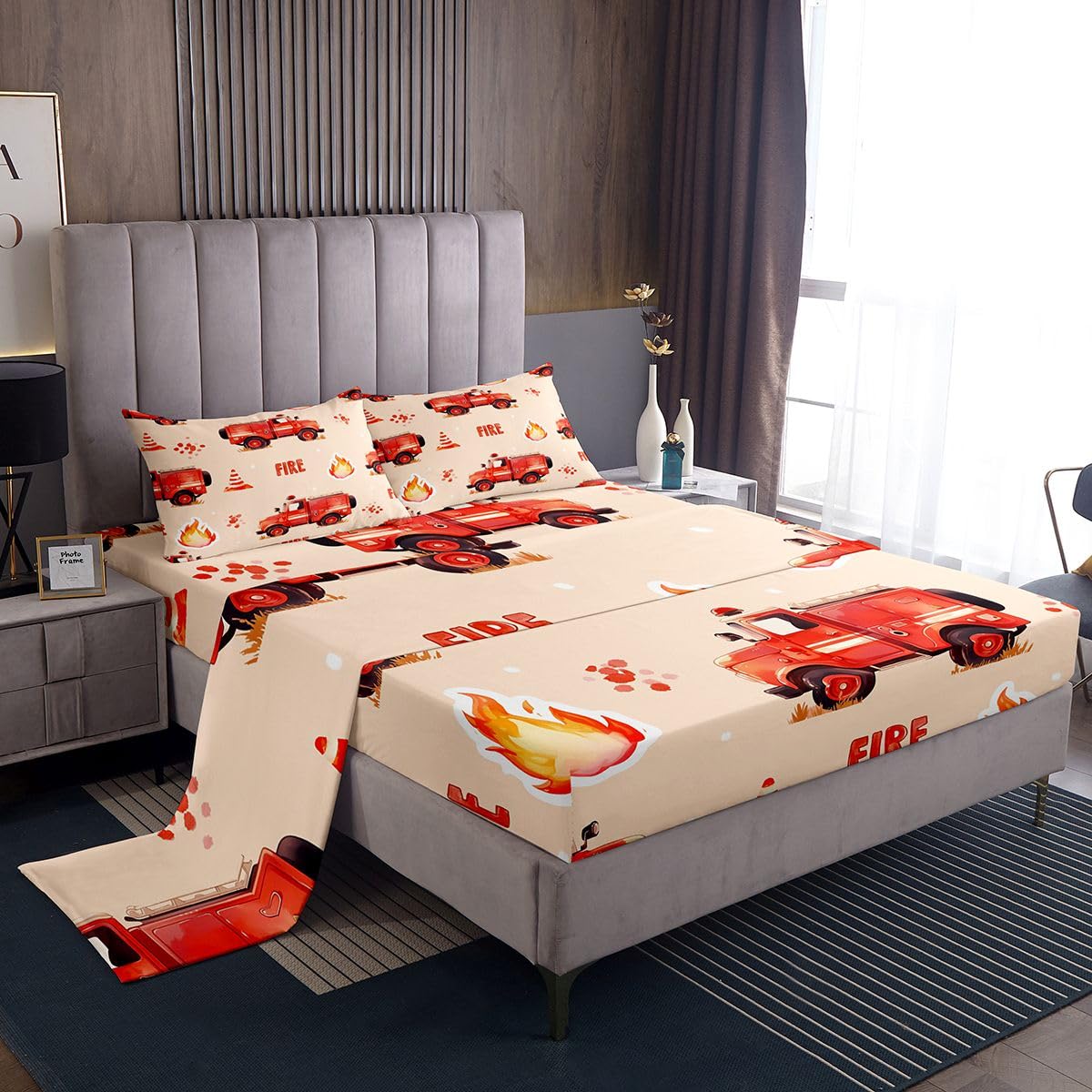 Cartoon Car Kids Fire Truck Sheets with Deep Pocket Fitted Sheet for Boys Firefighter Bed Sheets Breathable Firemen Car Vehicle Fire Engine Cute Bear Bedding Set Room Decor Full Size