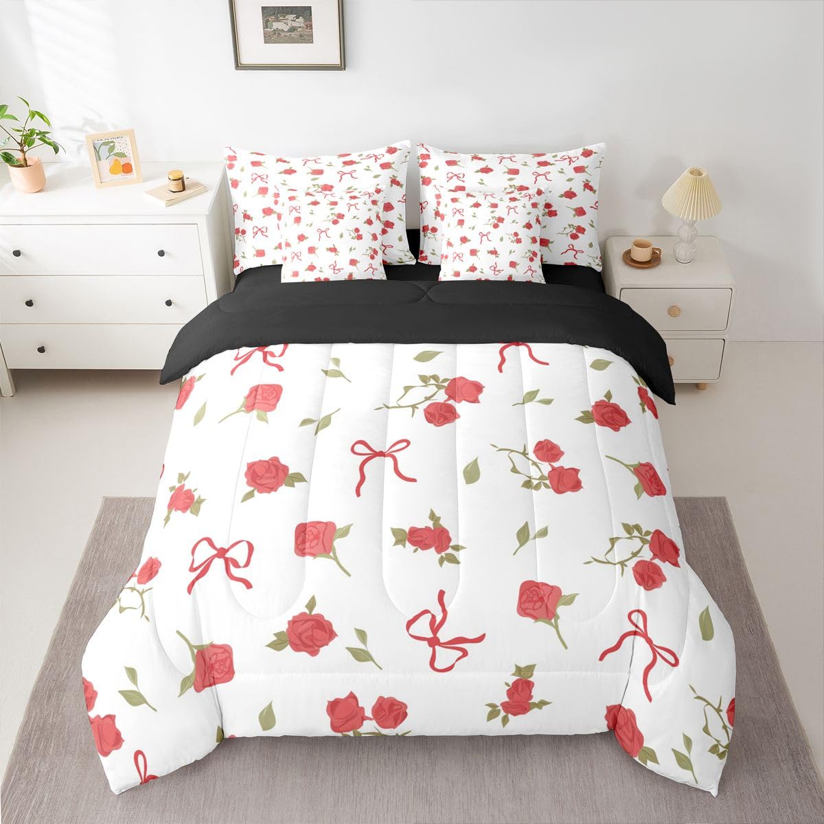 Erosebridal Kawaii Bowknot Full Comforter Set 7 Pieces,Coquette Bows Bed in A Bag,Preppy Princess Bedding Set with Comforters, Sheets, Pillowcases Fantasy Aesthetic Bedroom Decor