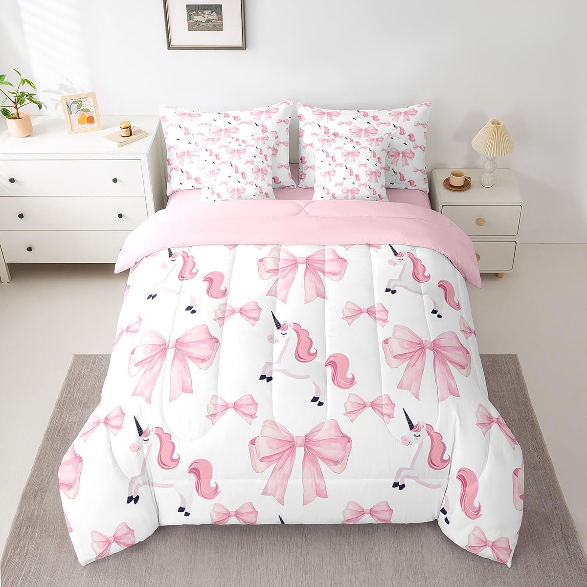 Erosebridal 7 Piece Girls Bowknot Kids Comforter Set King Bed in a Bag,Cute Pink Unicorn Bedding Set for Kids Child,Dreamy Princess Style Quilt Comforter,Girly Horse Bow Tie Valentine Duvet Insert