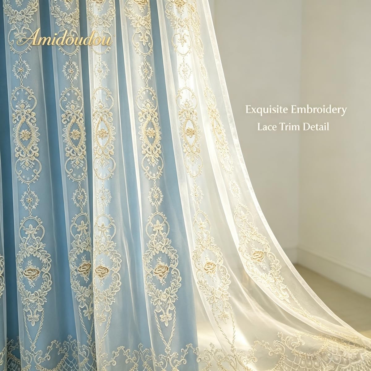 Amidoudou 1 Pair European Double Layer Curtains with Valances for Living Room Bedroom 3D Flower Embroidered Curtains (Blue,63x96 Inch)