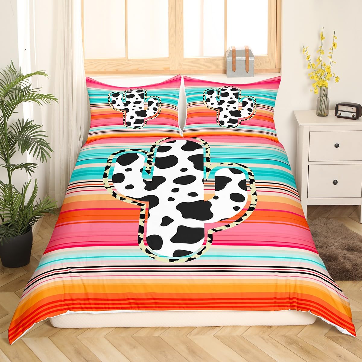 Manfei Cactus Duvet Cover Set Queen Size, Cow Print Cactus Bedding Set 3pcs for Kids Girls Teens, Red Blue Orange Gradient Comforter Cover Animal Print Quilt Cover with 2 Pillowcases,No Comforter