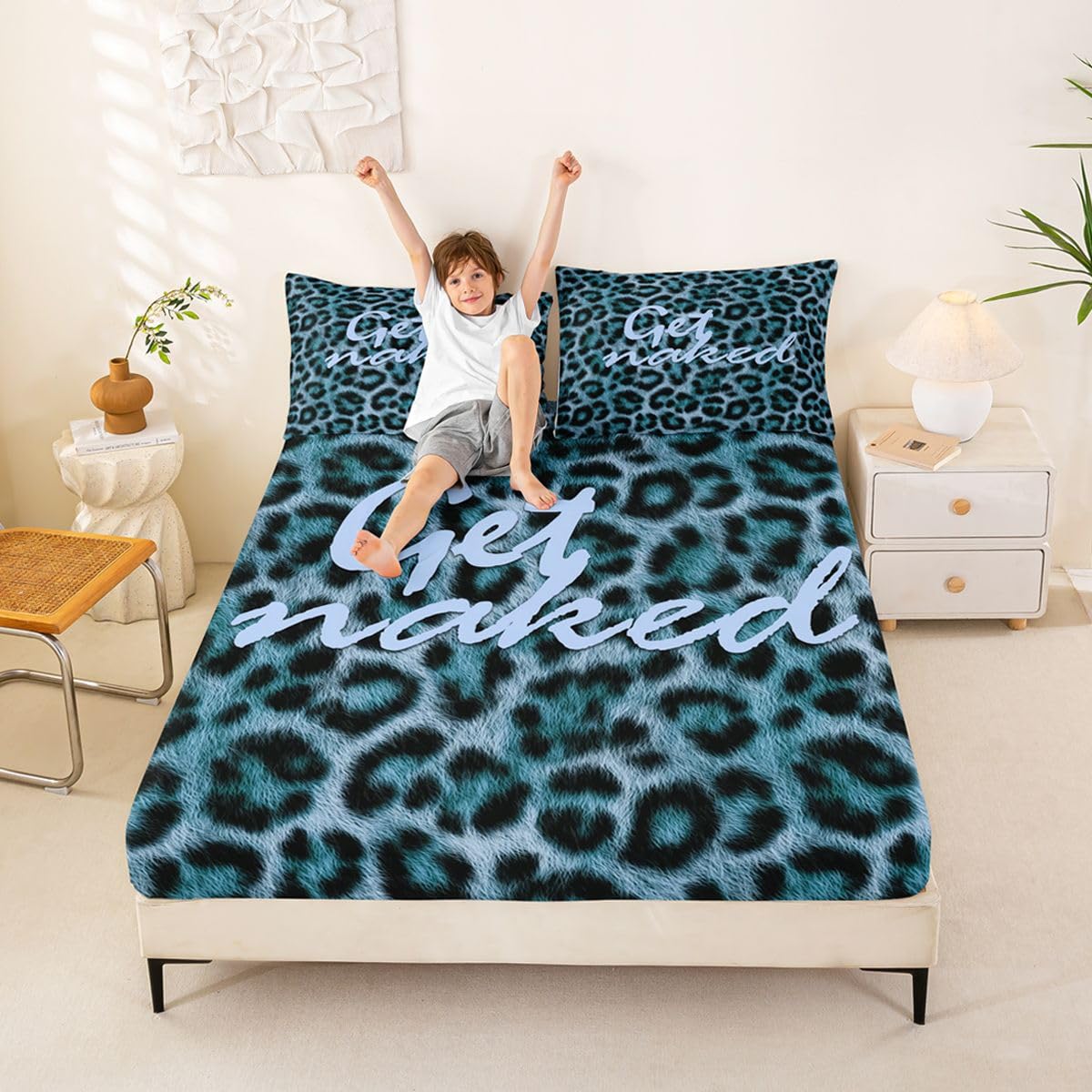 Feelyou Leopard Print Get Naked Fitted Sheet with 2 Pillowcases Full Size Funny Quotes Bed Sheets Set 16" Deep Pocket Boys Girls Blue Bedding Cheetah Teens Bedroom Decor Soft Lightweight Microfiber