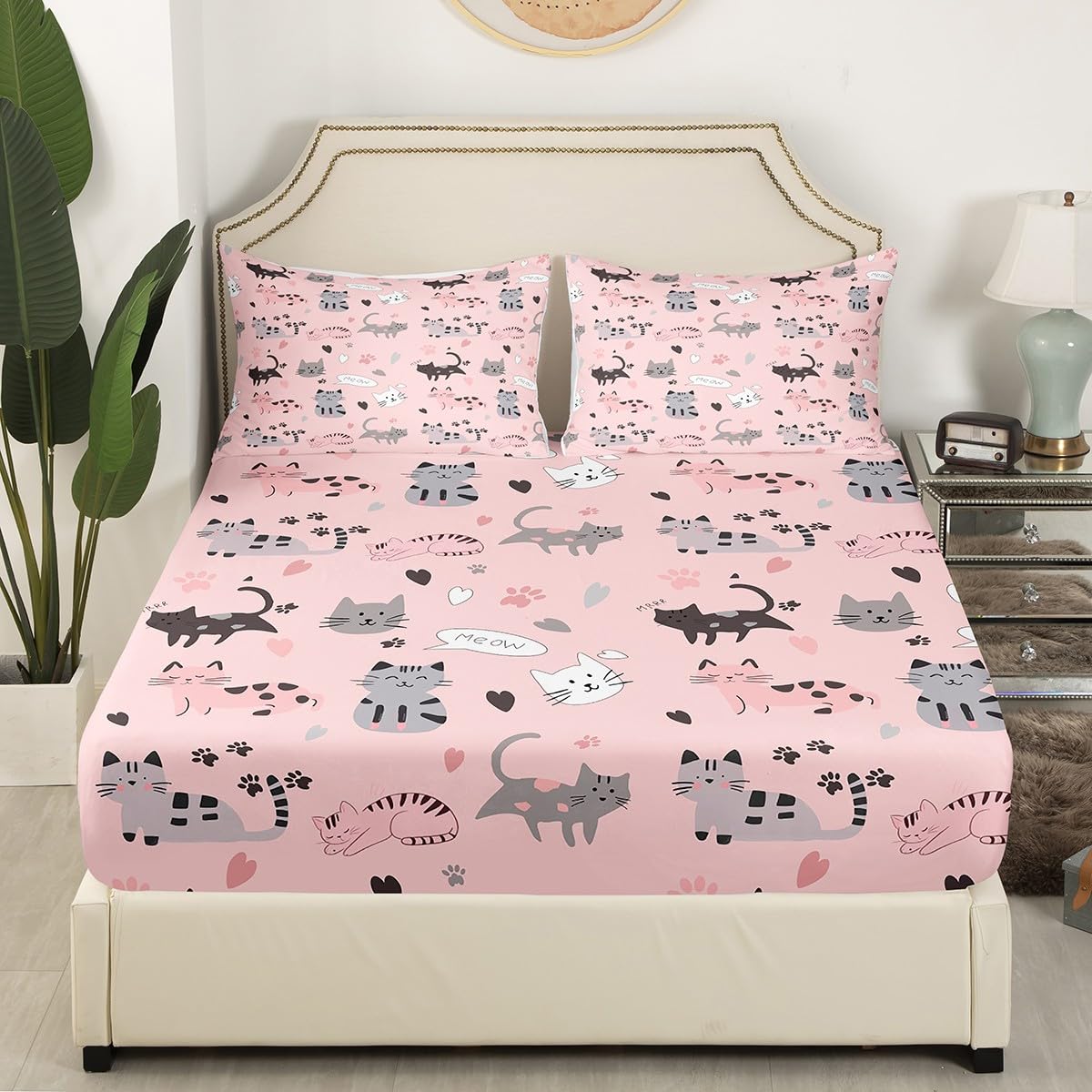 Erosebridal Kawaii Toddler Bed Sheet,Cartoon Cat Sheet Set for Kids Boys Girls Teenager,Kawaii Kitten Paw Print Heart Bed Sets,Queen with 2 Pillowcases