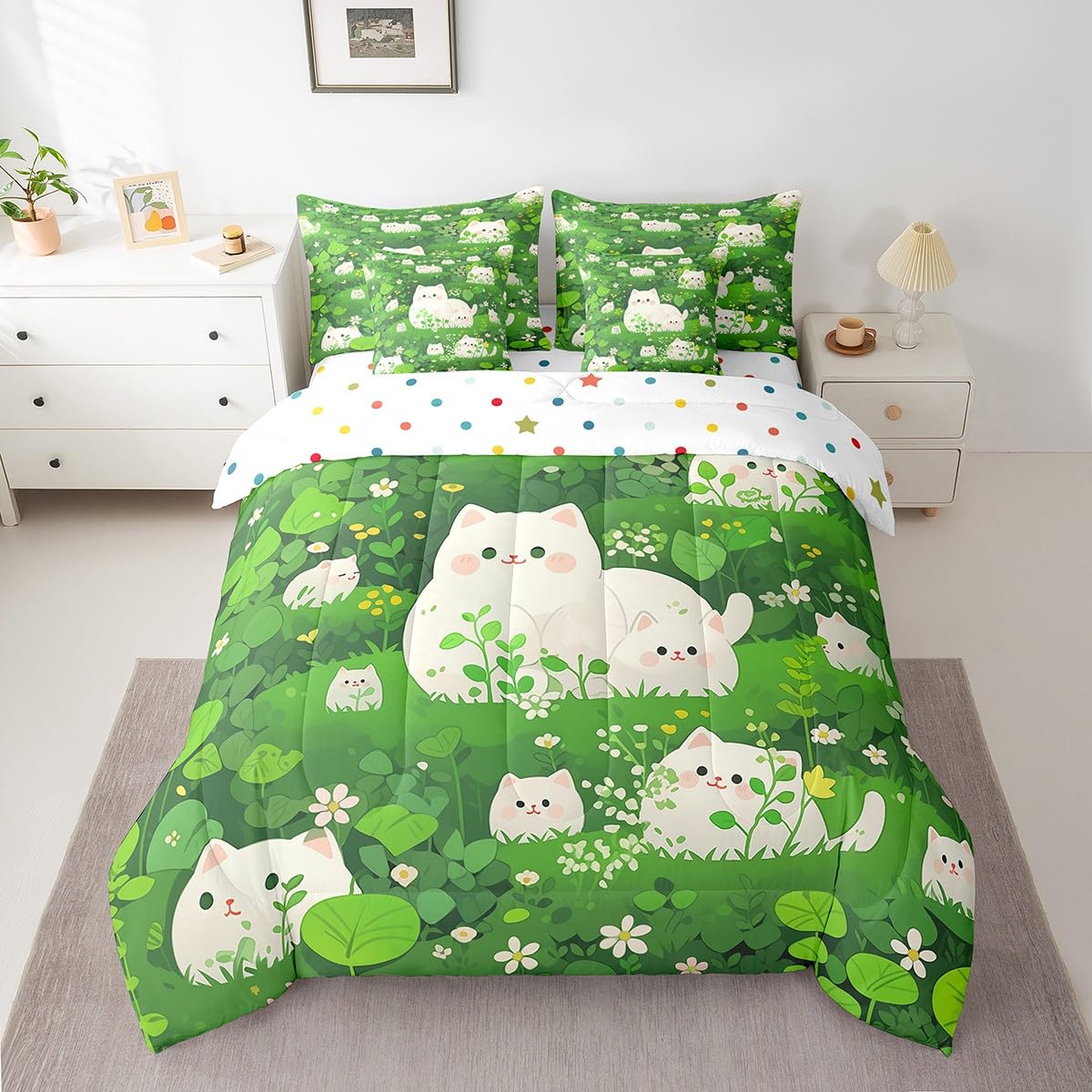Erosebridal Cartoon Cat Bedding Set King Size, Cute Kitten Animals Comforter Set, Spring Lawn Flowers Kids Teens (Comforter+Fitted+Flat Sheet+2 Pillowcases+2 Throw Pillow Covers) 7 Pieces Bed Set
