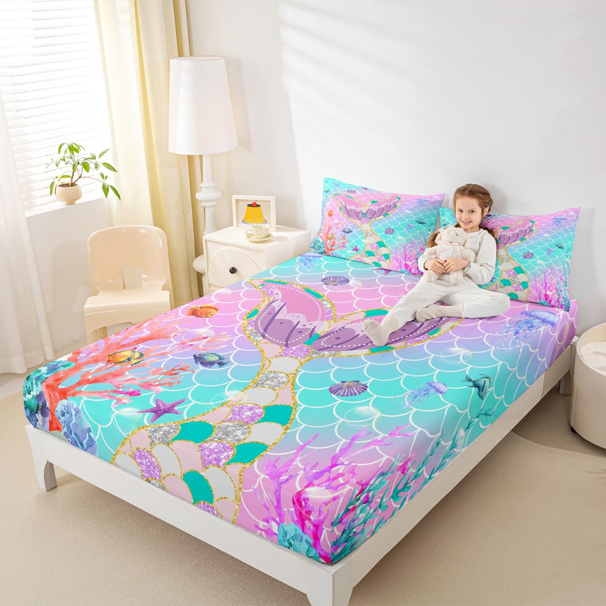 Mermaid Tail Fitted Sheet,Kids Fish Scales Bed Sheets Full,Girly Rainbow Sheet Set Ocean Life Sea Animal Flat Sheet Teal Sequins Pastel Pink Paillette Bedroom Decor,Multicolor