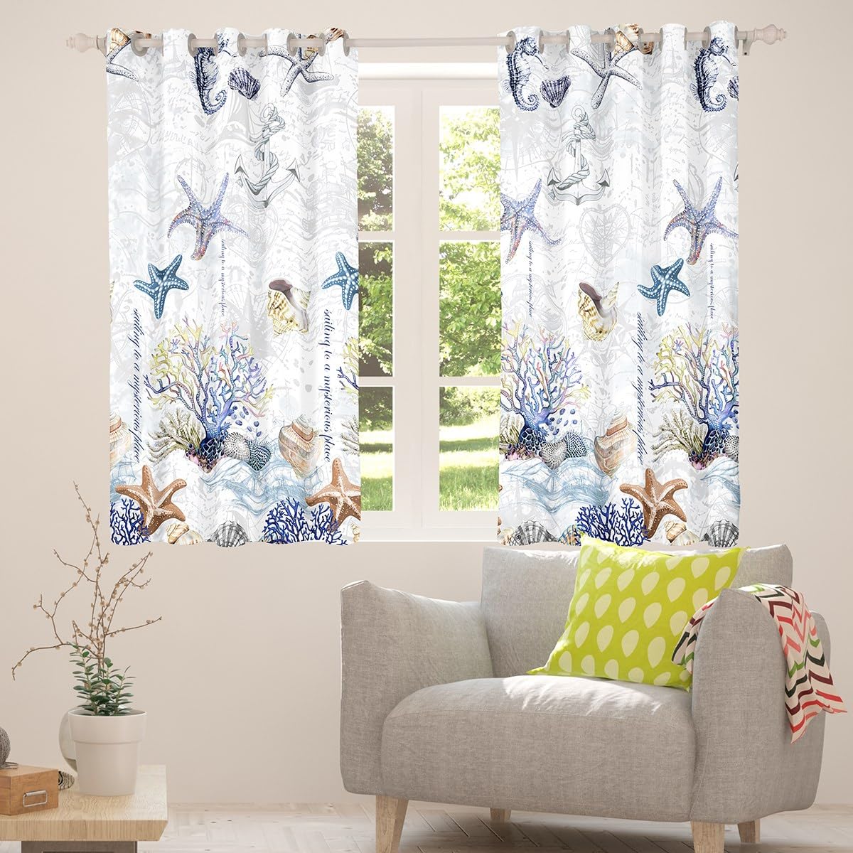 Beach Starfish Darkening Drapes Ocean Marine Themed Sailboat Curtains for Bedroom Living Room for Children Sea Creatures Curtains Coastal Nautical Room Decor (2 Panels,52 x 63 Inch) Window Treatments