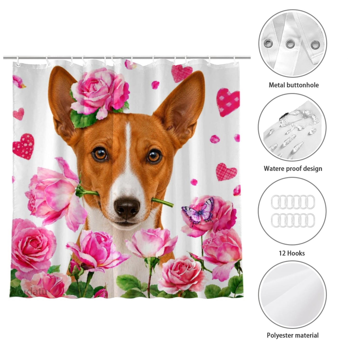 Wordatu Spring Summer Basenji Rose Shower Curtain, Bathroom Decor Fabric Polyester Waterproof 12 Hooks 72Wx72H Inch for Bathtub and Bathroom