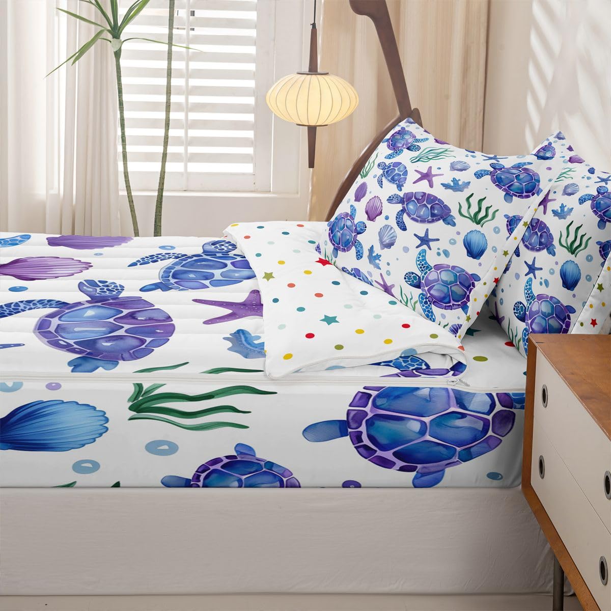 jejeloiu Sea Turtle Comforter Set Twin Size Zipper Bedding Set for Girls Boys Seaweed Comforter with Fitted Sheet, Pillowcases Ocean Creature Zipper Bedding Soft Breathable Underwater Bed in a Bag