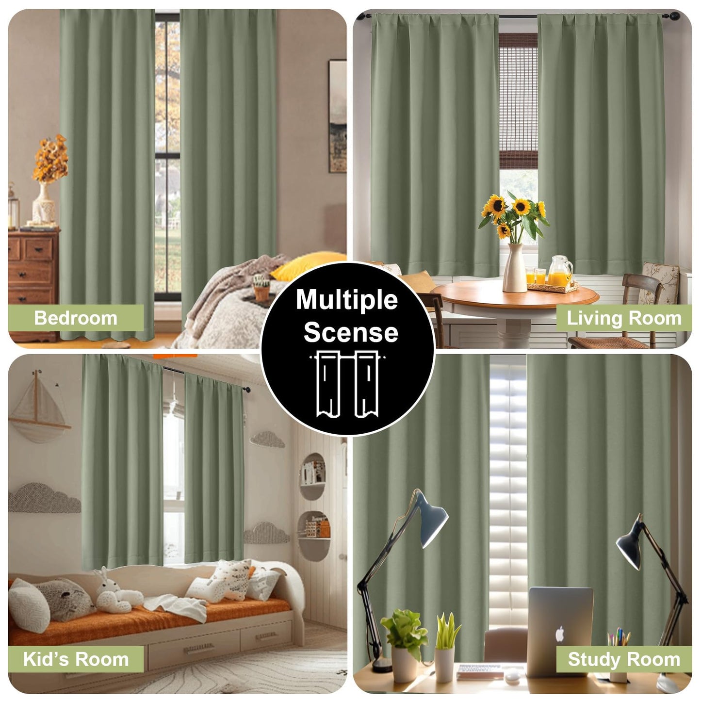 OWENIE Sally Sage Green Short Blackout Curtains for Bedroom Living Room 45 Inch Length 2 Panels Set, Solid Thermal Insulated Energy Saving Window Treatment Curtains Drapes, W40 x L45, Sage Green