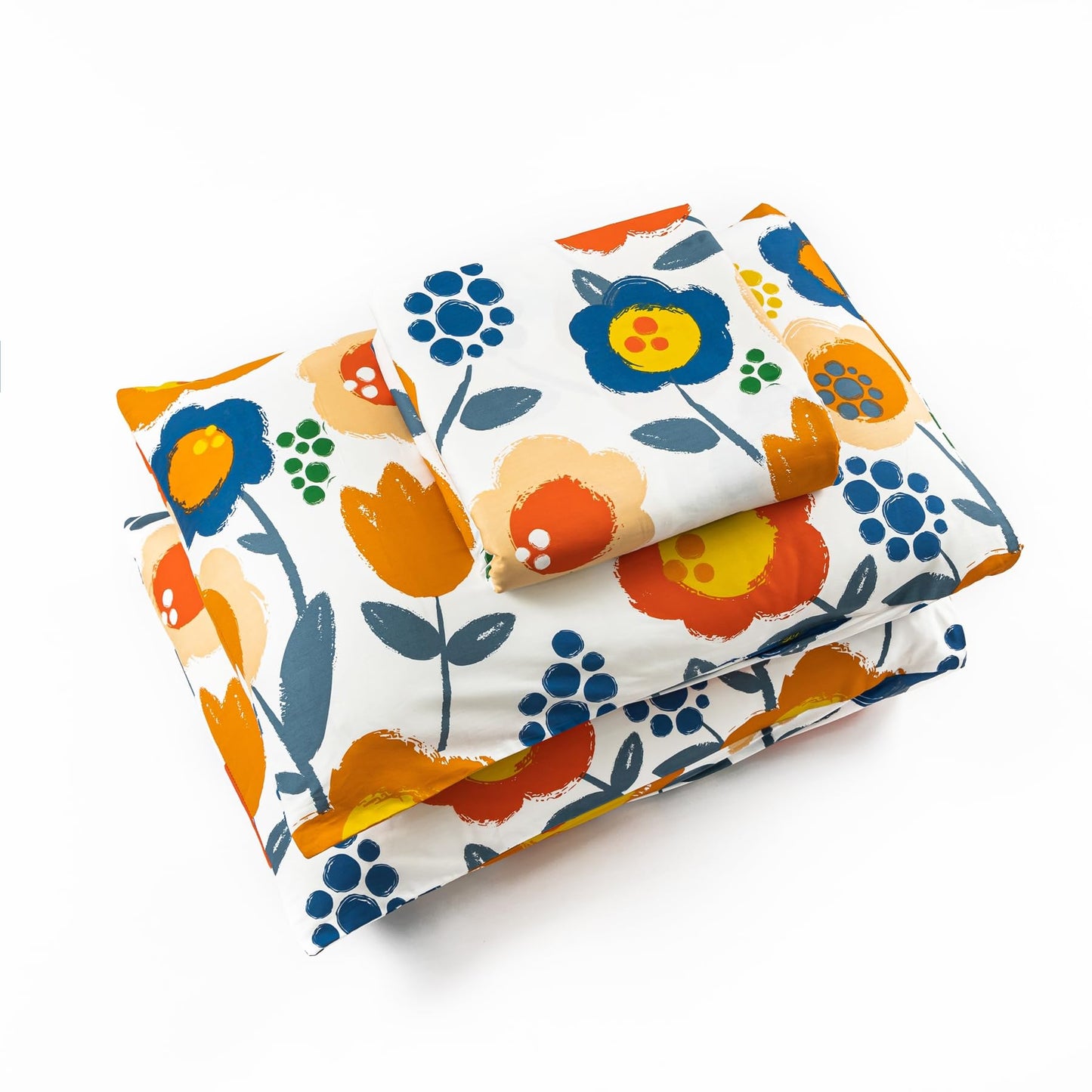 SUSYBAO Colorful Flower Duvet Cover Queen 100% Cotton 3 Pcs Set 1 Graffiti Cute Floral Duvet Cover with Zipper Ties 2 Pillowcases Kawaii Blue Orange Botanical Print Bedding Set Soft