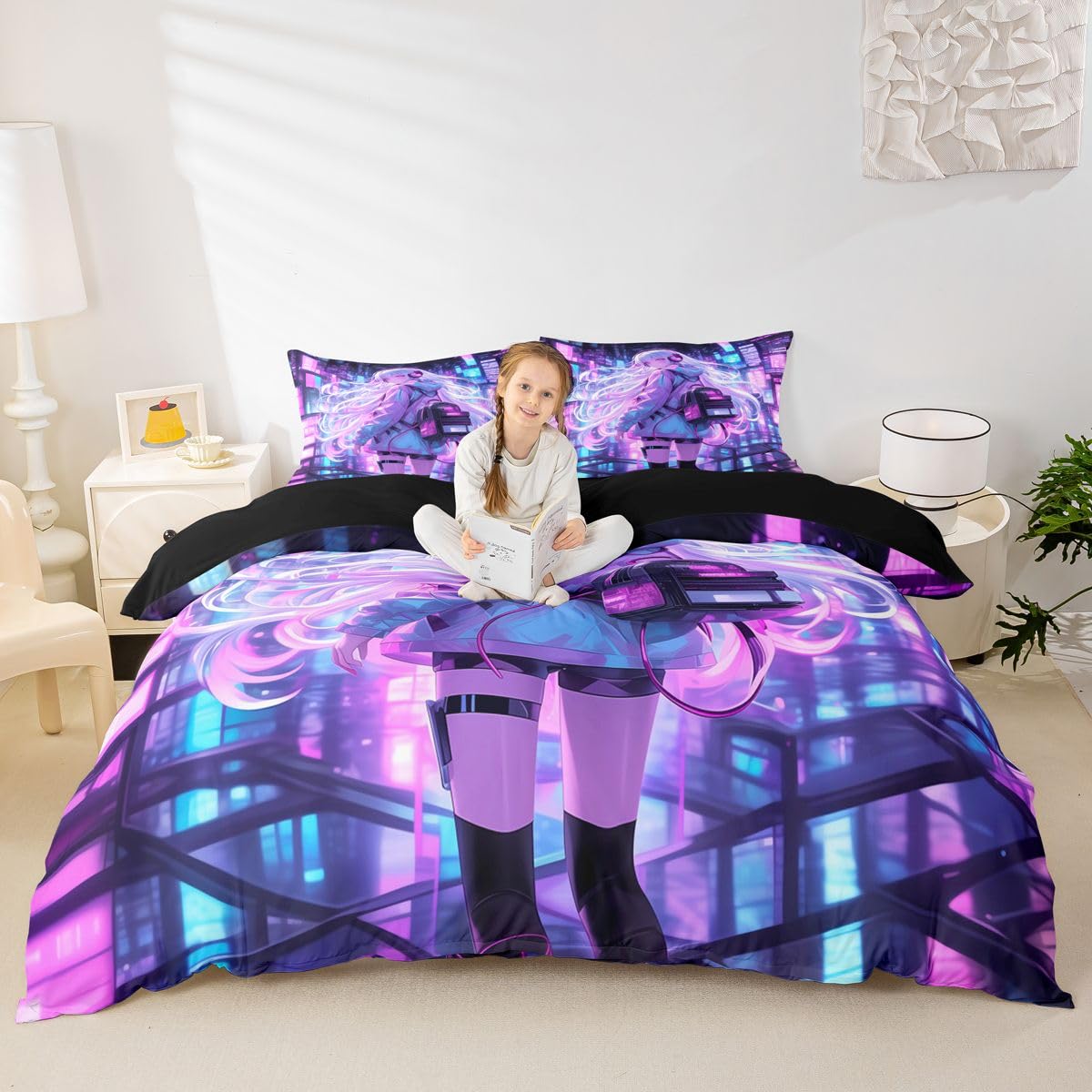 Erosebridal Japanese Girl Bedding Set Girly Anime Twin Down Comforter for Kids,Sci Fi Style Gaming Comforter Set Room Decor 2 Pcs,3D Cartoon Anime Girl Duvet Insert 1 Pillow Case