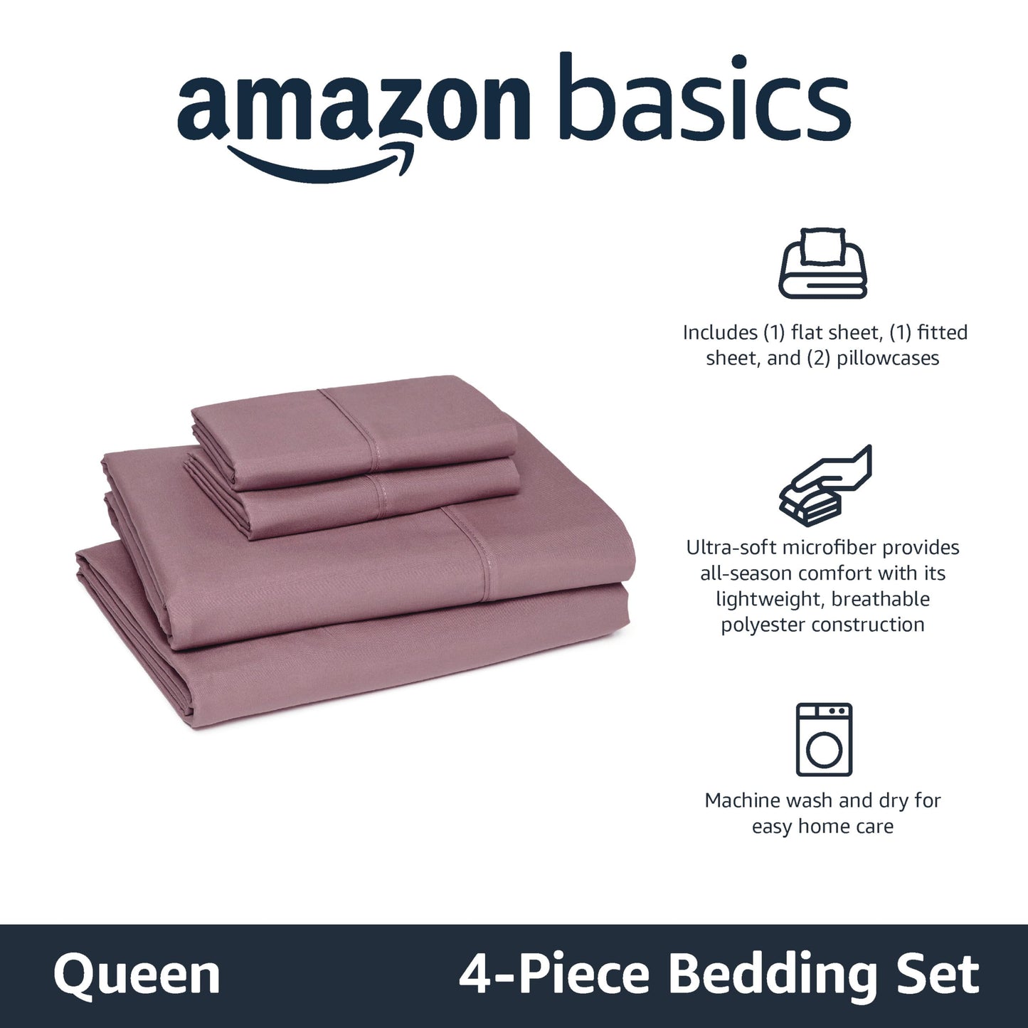 Amazon Basics Lightweight Breathable Microfiber 4-Piece Bed Sheet Set, Queen, Rose, Solid