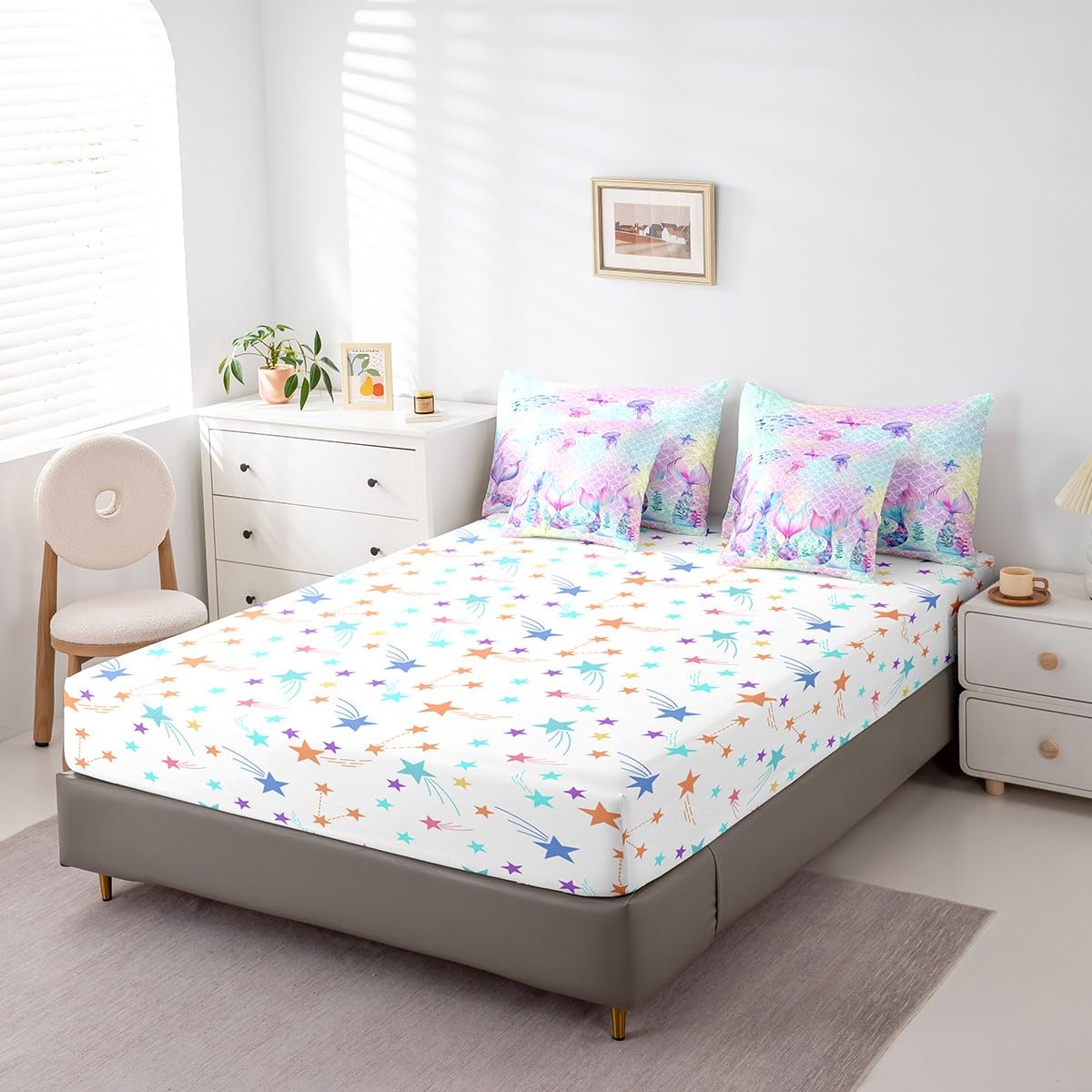 jejeloiu Mermaid Comforter Set with Sheets Queen Size Kids Sparkle Fish Scales 7 Pieces Bedding Set for Boys Girls Teens Ombre Ocean Marine Bed in a Bag Breathable Princess Decor Bedroom Decor