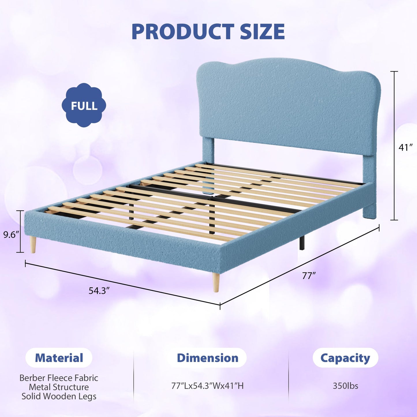 GarveeHome Upholstered Full Size Bed Frame for Kids with Scallop Headboard, Cute Velvet Full Bed for Girls, Boys, Sturdy Platform Bed, No Box Spring Needed, Wooden Slats, Noise Free, Blue