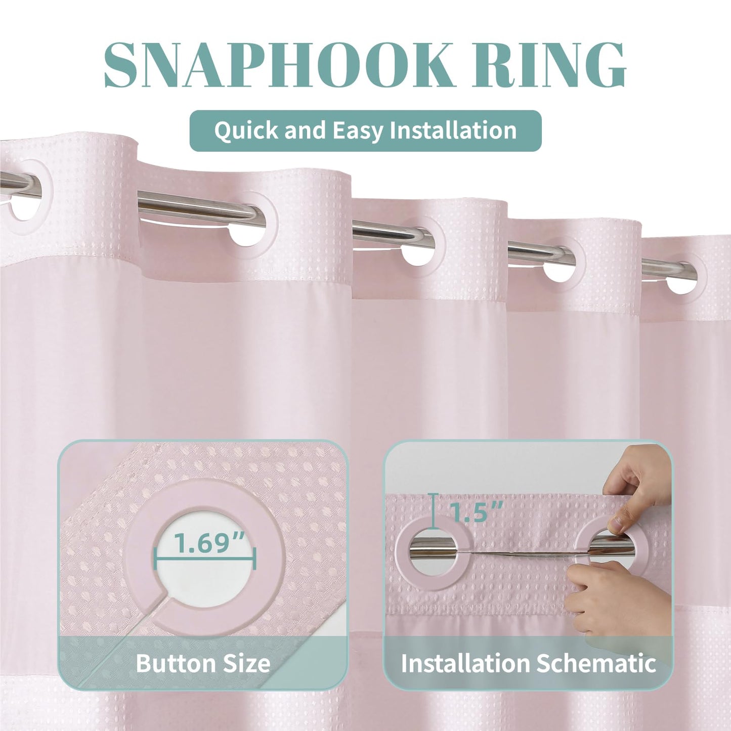eachope BlushPink Long No Hook Waffle Weave Shower Curtain with snap-in Liner Replacement, 230GSM Waterproof Fabric Hotel Shower Curtain Set for Bathroom, Through Mesh Top Window,71Wx80H