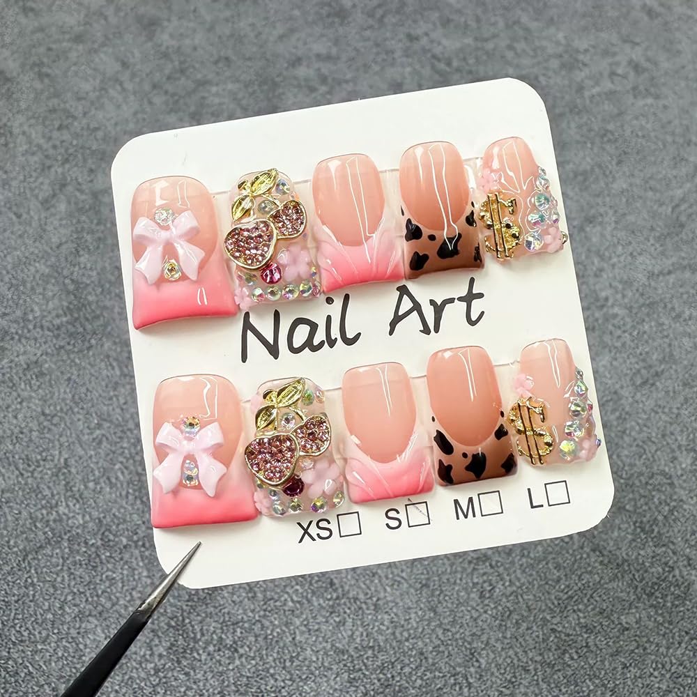 Handmade Press on Nails Short Fake Nails Duck False Nails 3D Cherry and Bow Pink French Tip Luxury Cute Artificial Nail for Women 10pcs (Size M）
