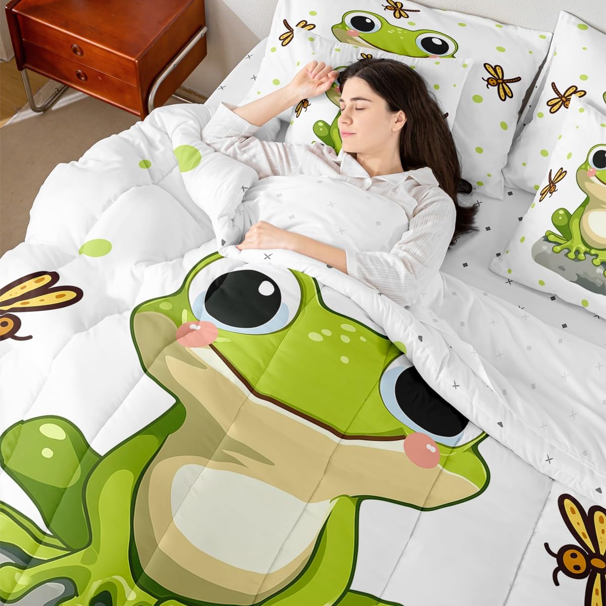 Erosebridal Kids Cartoon Frog 7 Piece Bedding Set Full Dragonfly Comforter Set with Sheets Reptile Animal Bed in A Bag Gray Stone Pattern Bed Sets