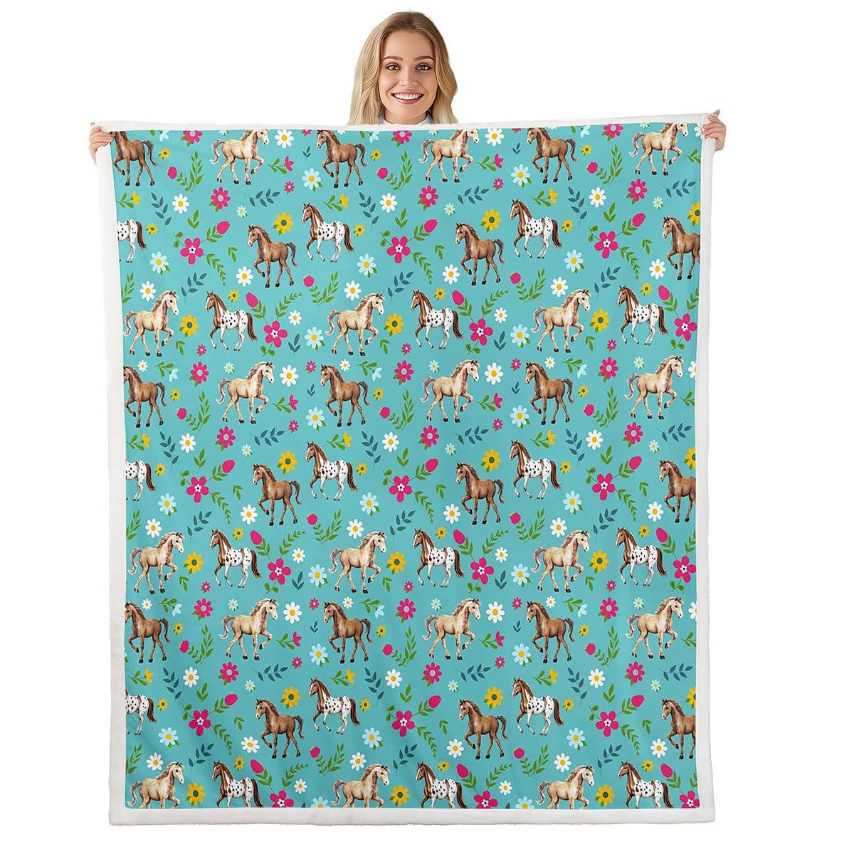 Erosebridal Horse Fleece Blanket Boho Floral Sherpa Blanket 90"x90", Watercolor Flowers Western Farmhouse Farm Animals Fuzzy Plush Throw