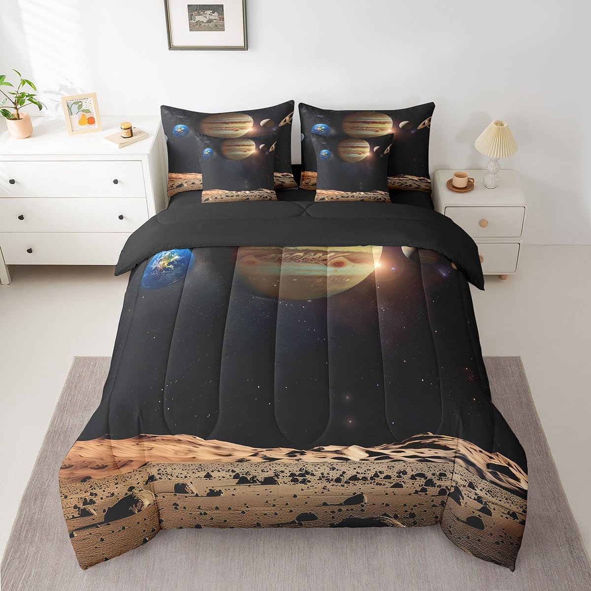 Erosebridal 7 Piece Space Theme Bed in a Bag Twin Outer Space Sheet Set for Girls Boys Galaxy Bedding Set with Comforter Solar System Fitted Sheet Universe Themed Cushion Covers for Teens Kids