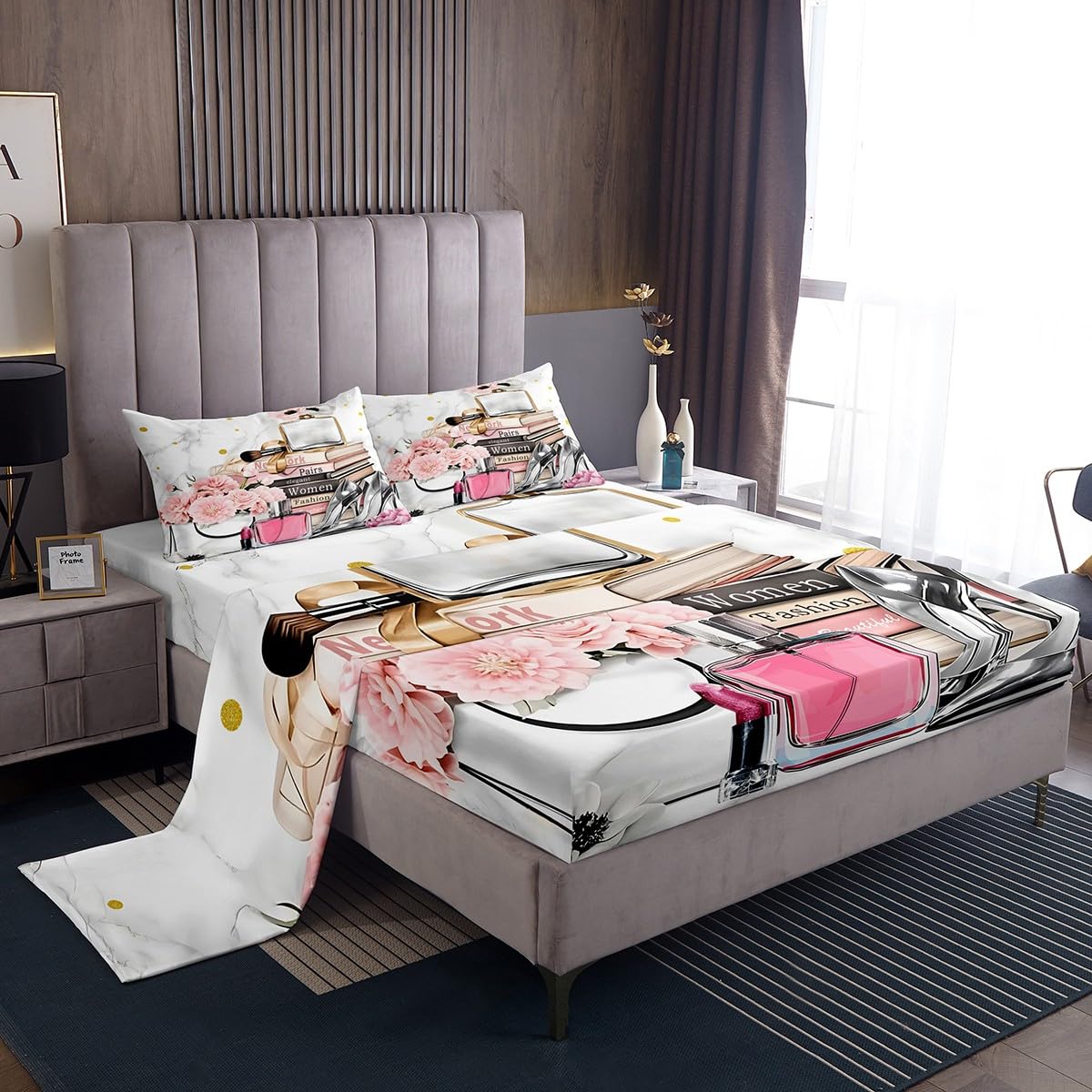 Erosebridal Fashion Pink Sheet Set King Size Flower Perfume Girly Bed Sheets for Girls Women White Gray Gold Marble Sheets High Heels Magazine Books Bedding Set