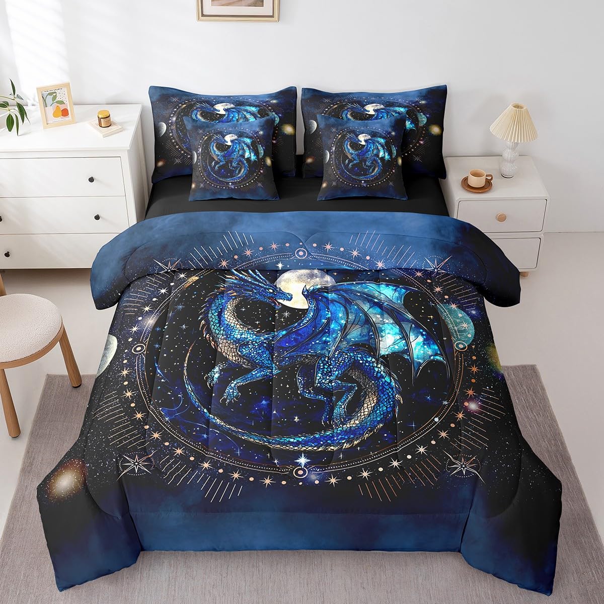 Feelyou Dragon Comforter Set with Sheets Twin Size Dragon Stuff Bed in a Bag for Boys Girls Teens Luxury 7 Pieces Bedding Set Dragon Decor Bed Set Room Decor Blue Black