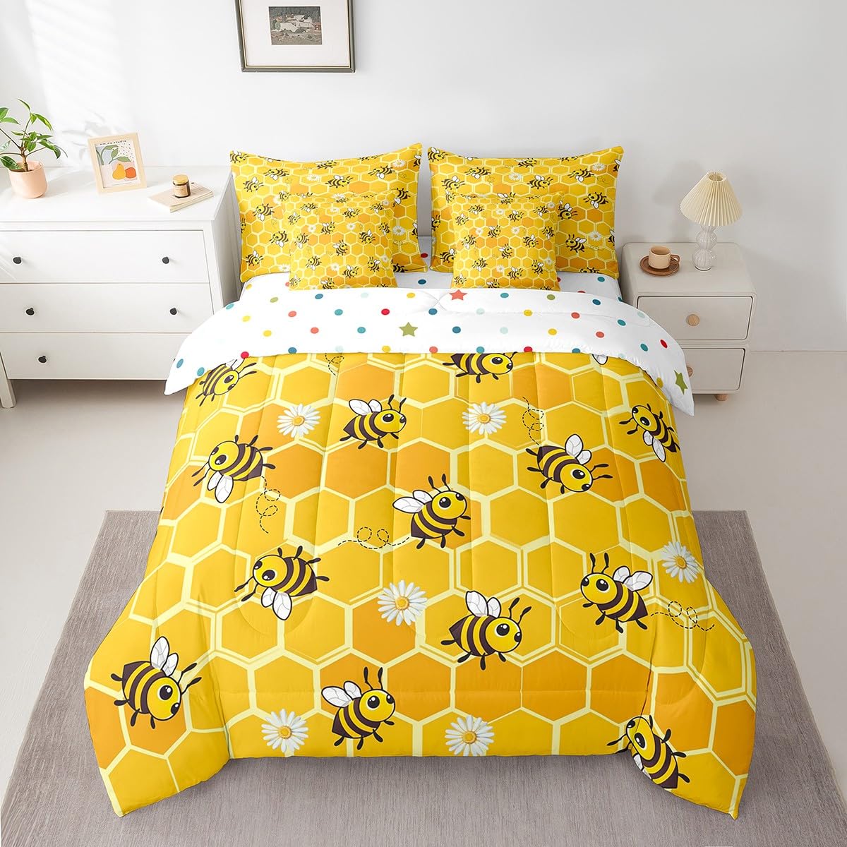 Erosebridal Cute Bee Comforter Set 7 Piece Bed in a Bag Twin,Hexagon Beehive Honeycomb Bedding Sets Rustic Daisy Flowers Comforter and Sheet Set,Cartoon Honeybee Wild Animal Bed Set