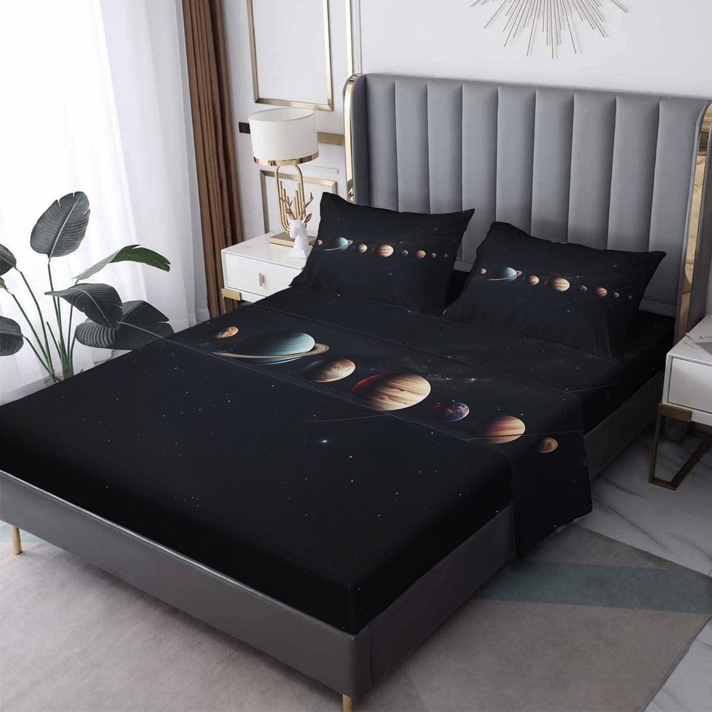 NOGAWA Space Sheets Cal King, Galaxy Planet Bed Sheets, Deep Pocket & Soft Microfiber Bedding Sheets & Pillowcases 4 Piece - Fitted Sheet & Flat Sheet & 2 Pillow Cases