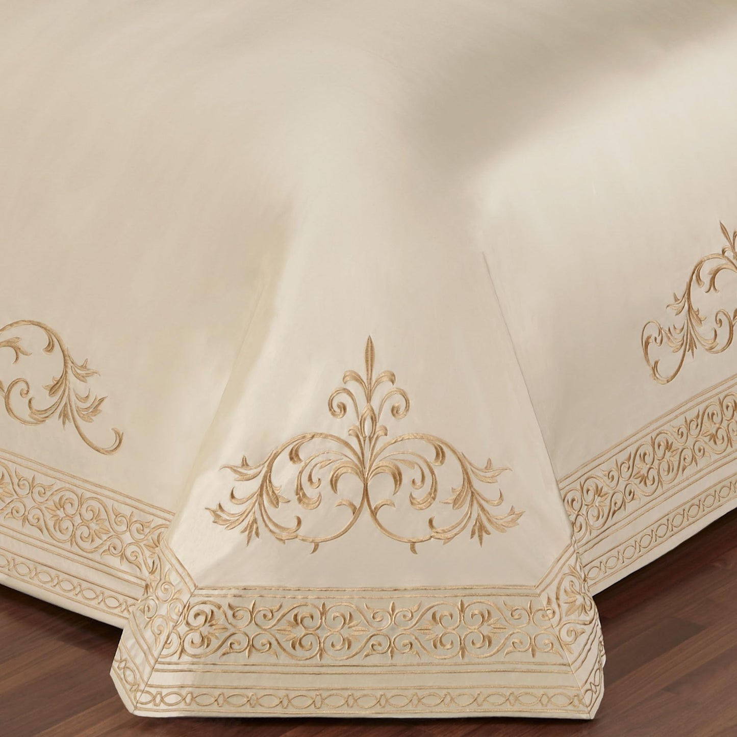 Versailles Luxury Bedding | Classic Pearl | Palace-Inspired French Style Golden Scrollwork Embroidery | 10 Pc Set: King Bedspread, 2 King Shams, 2 Euro Shams, 2 Euro Pillow Inserts & 3 Pillows