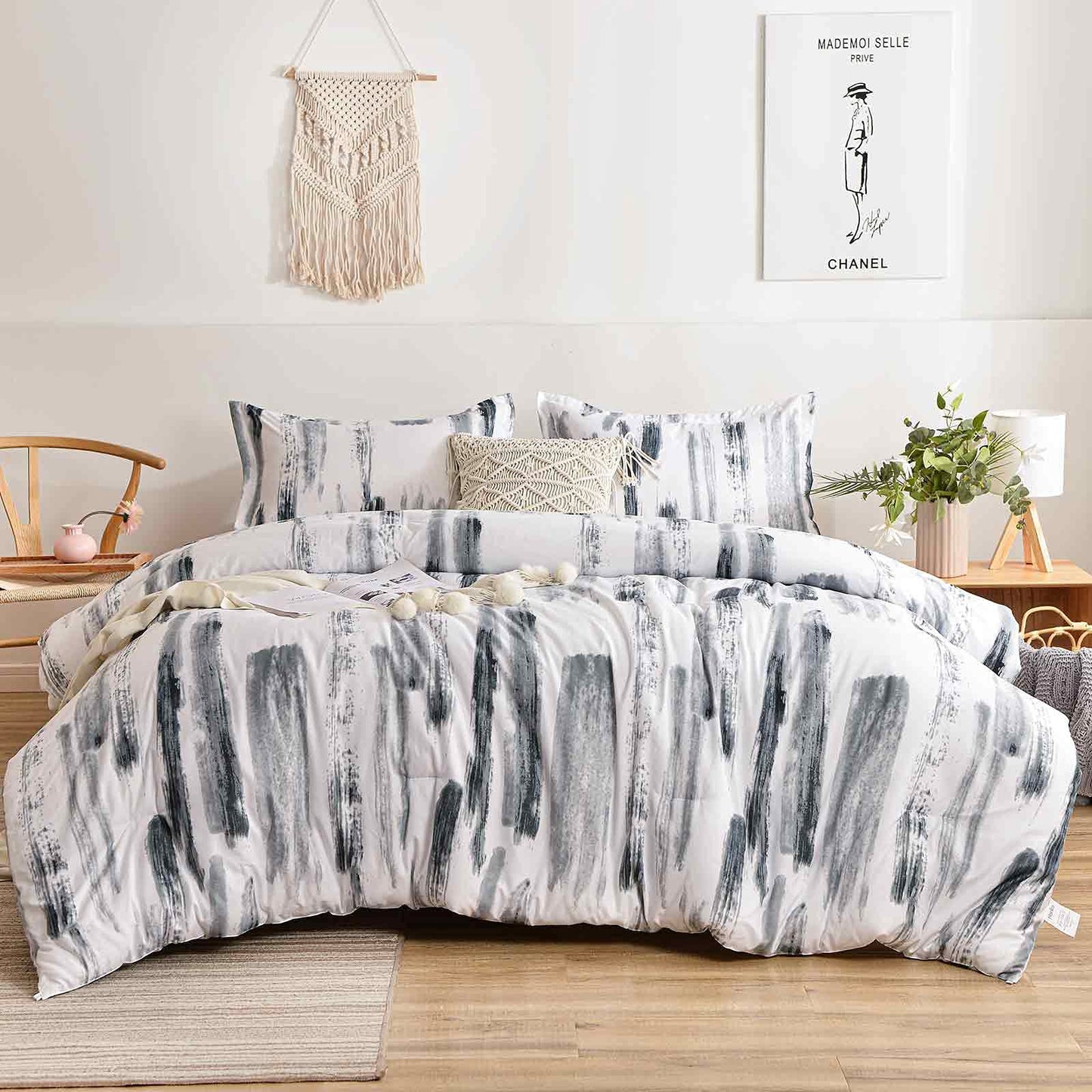 Nanko Queen Comforter Set 3pc, Art Grey White Printed Pattern Reversible Down Alternative Microfiber Bedding - All Season Duvet and 2 Pillowcases Bed Sets Modern for Women Men, Size 88 x 90 Gray