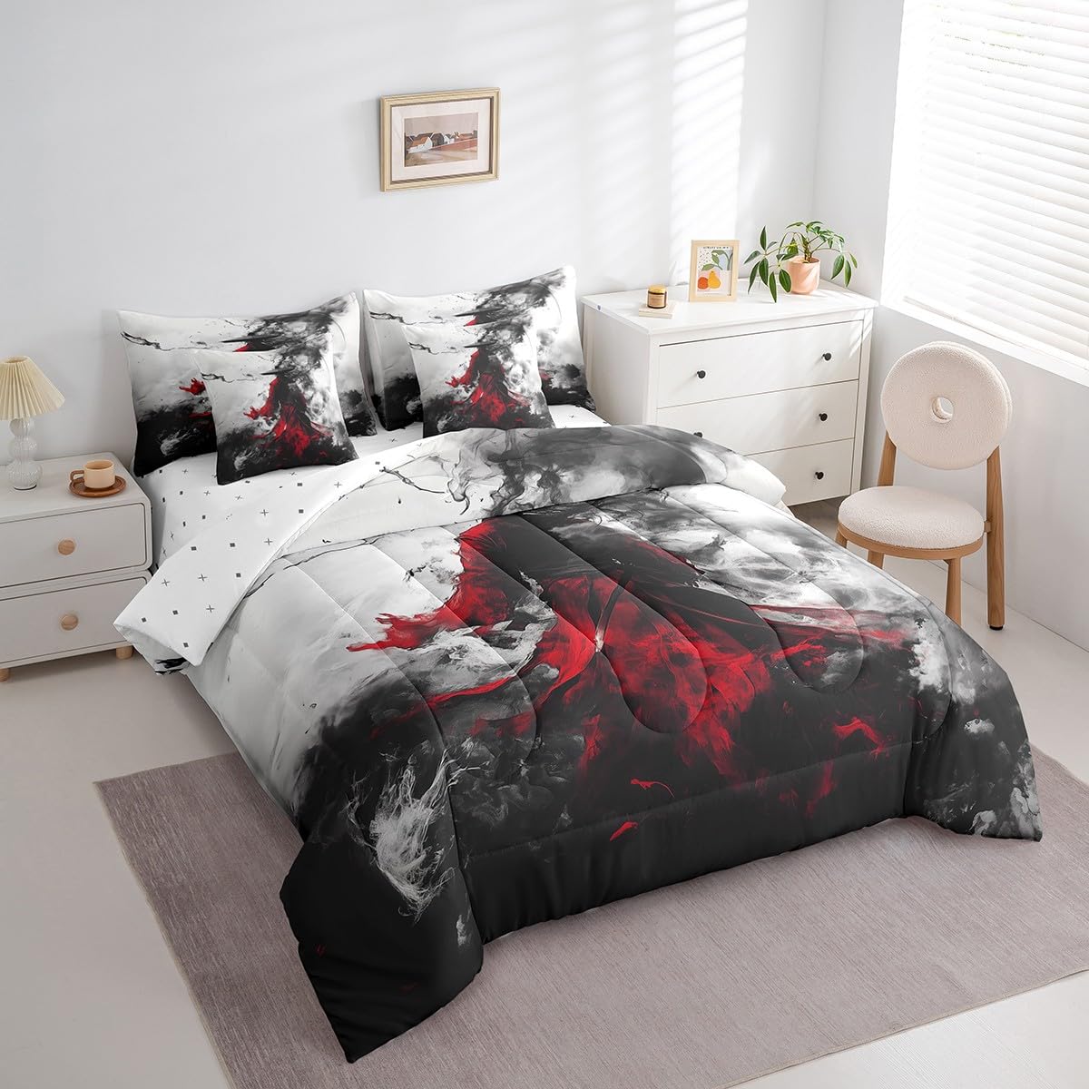 7 Pieces Japanese Style Comforter Set Queen,Ink Painting Oriental Culture Bed Set for Kids Boys Girls,Black Red Bedding(1 Comforter,1 Fitted Sheet,1 Flat Sheet,2 Pillowcases,2 Throw Pillow Cover)