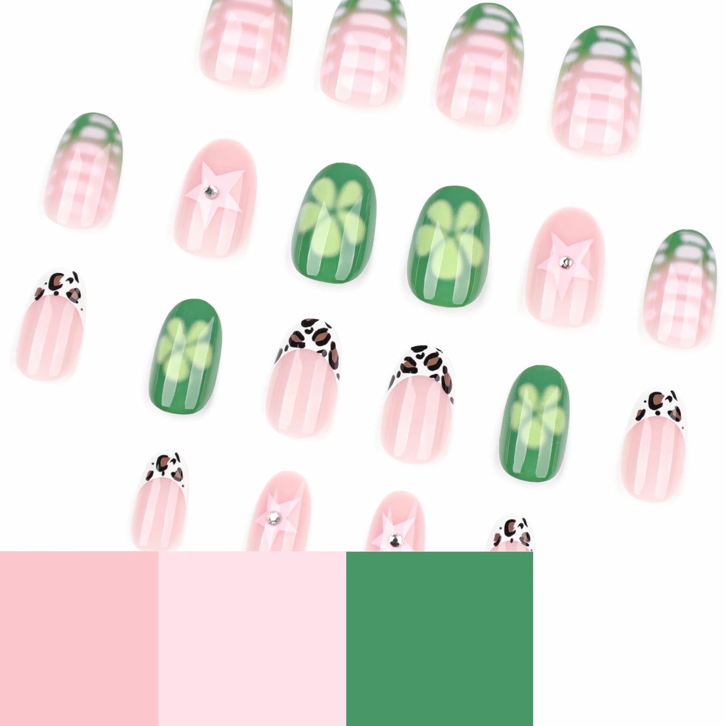 BABALAL Press on False Nails Short Oval Fake Nails Green French Tip Glue on Acrylic nails Flower Star Y2k Cow Print with Design 24Pcs Round Full Cover Stick on for Women Girls
